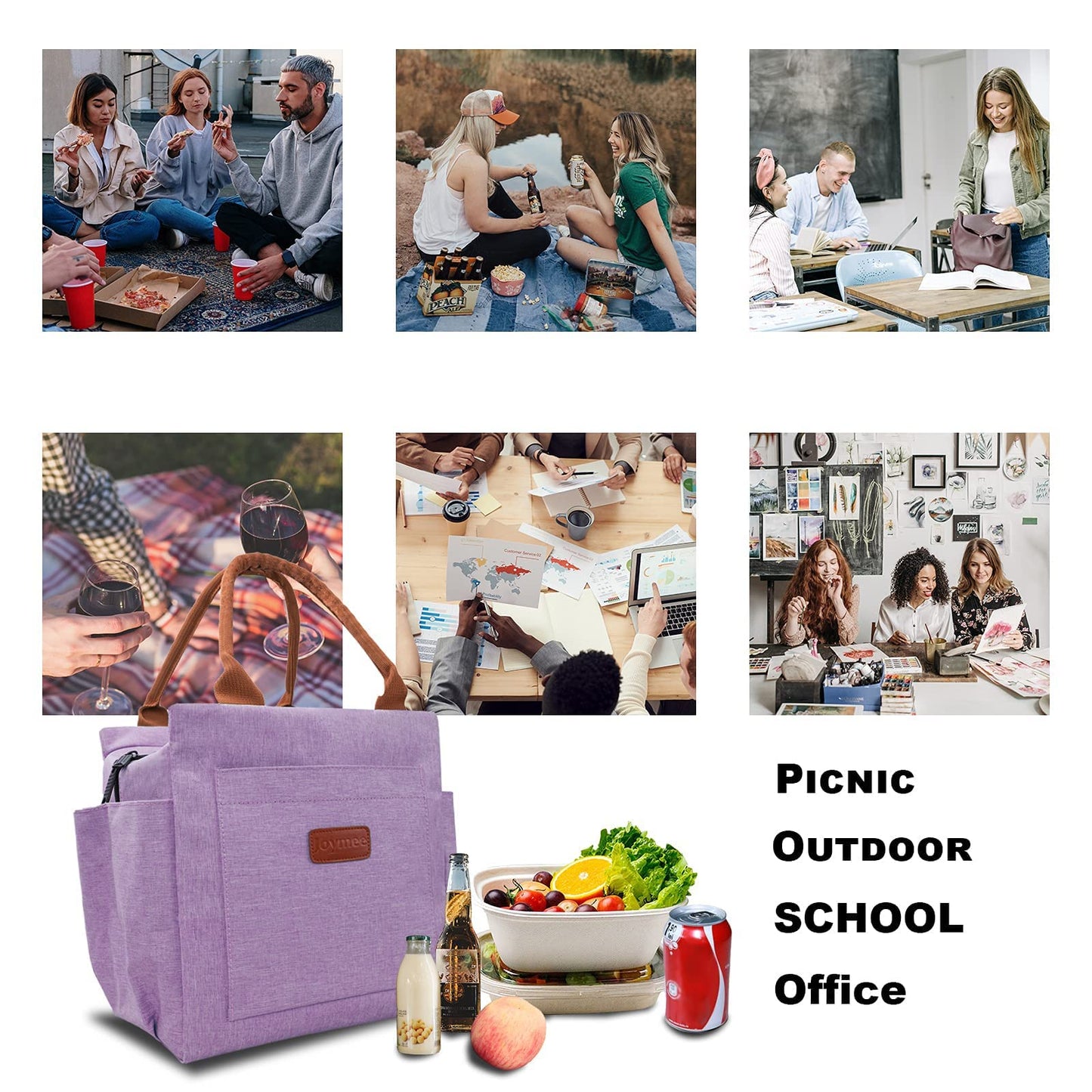 Joymee Lunch Bag Women Insulated Lunch Box Reusable Leakproof Large Spacious Cooler Tote for Women Men Adult with Bottle Holder and Side Pockets for Work Office Travel Picnic - Purple