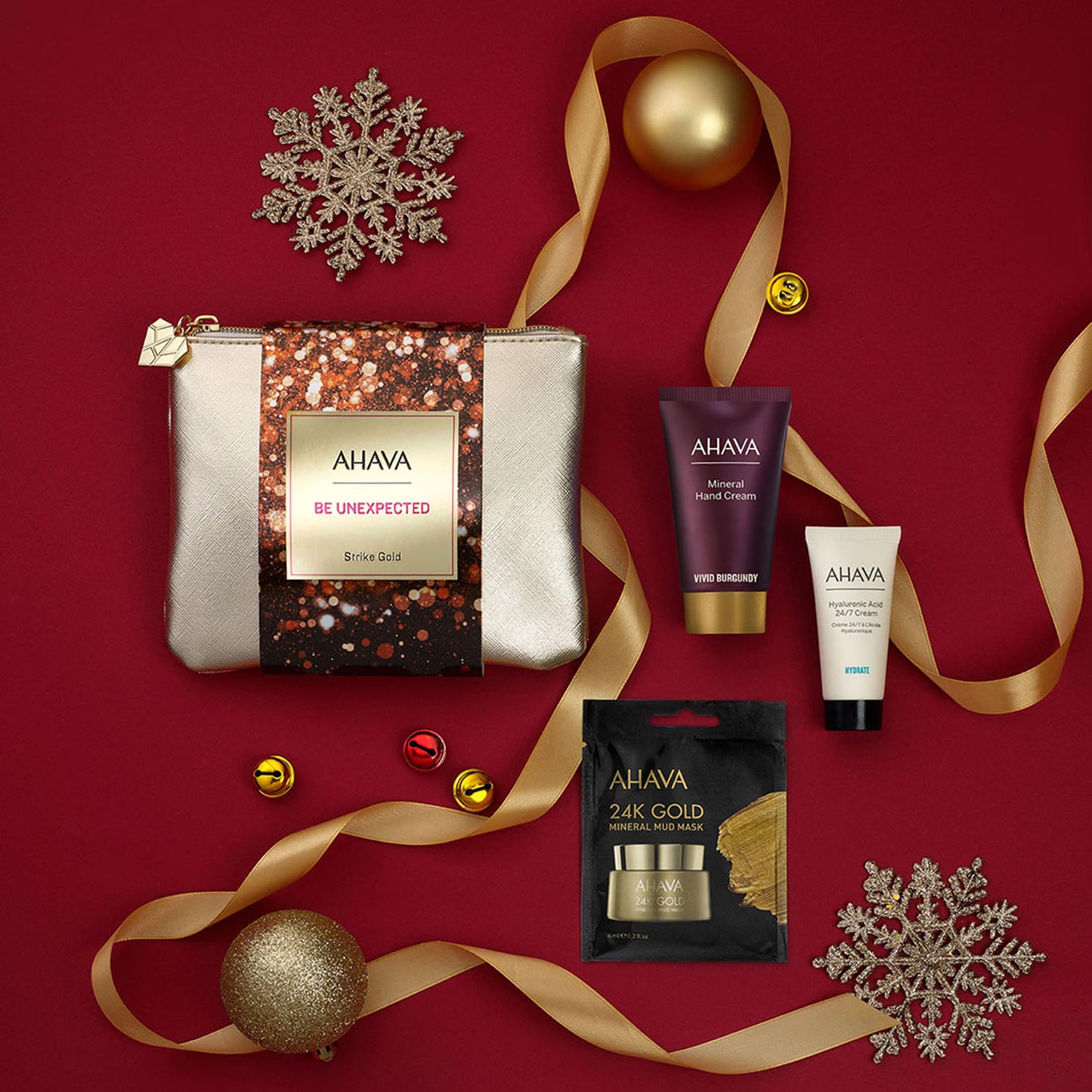 AHAVA Strike Gold Gift Set, Includes Hyaluronic Acid 24/7 Cream 15ml, Mineral Hand Cream Vivid Burgundy 40ml, and Single Use 24KGold Mineral Mud Mask 6ml