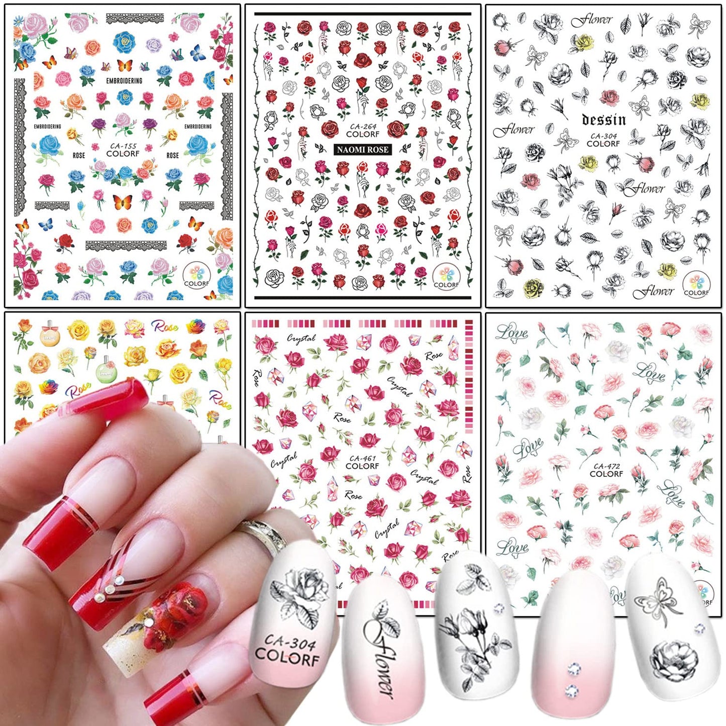 Rose Nail Art Stickers, Flowers Nail Art Decals 3D Self-Adhesive Floral Nail Sticker Design Holographic Red Yellow Pink Black Rose Nail Decal Supplies for Women Girls Manicure Charms Decoration