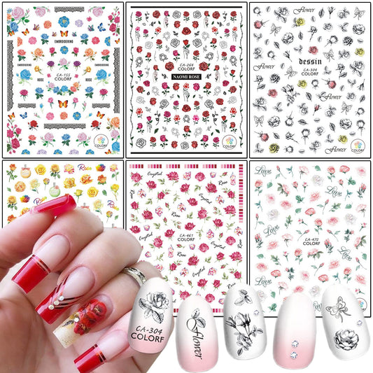 Rose Nail Art Stickers, Flowers Nail Art Decals 3D Self-Adhesive Floral Nail Sticker Design Holographic Red Yellow Pink Black Rose Nail Decal Supplies for Women Girls Manicure Charms Decoration