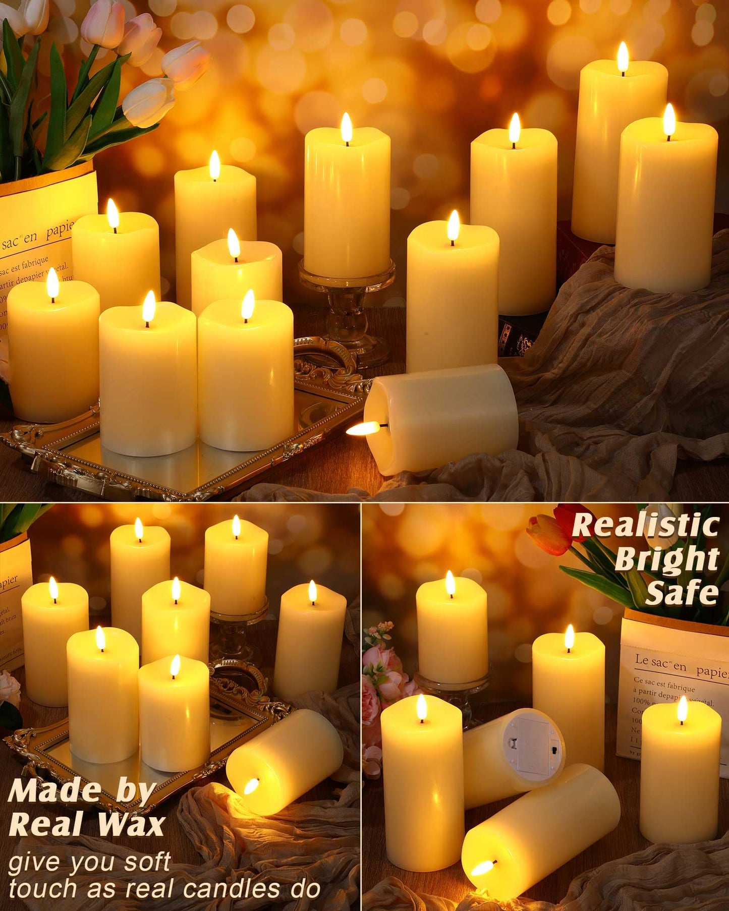 Baquler 12 Pack Flickering Flameless Candles Set Battery Operated LED Candles with Remote and Timer Flat Top Flameless Candles Pillar Candles for Wedding Birthday Party Decor D 3" H 4" 5" 6"