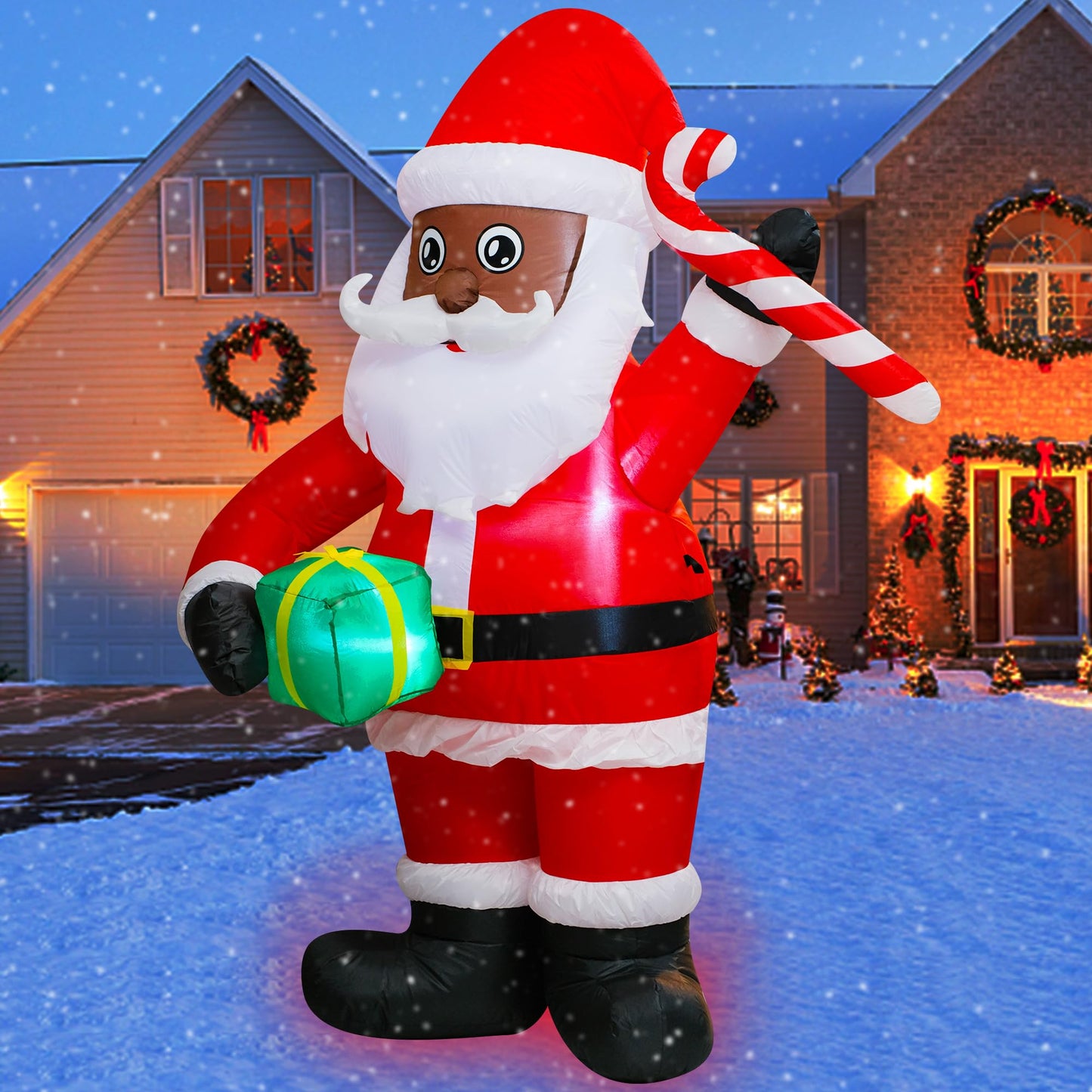 Trystway 6FT Inflatable Christmas Black Santa Claus with Gift Box and Candy Decoration Blow Up Built-in LED for Holiday Lawn Yard Garden Home Indoor Outdoor Party