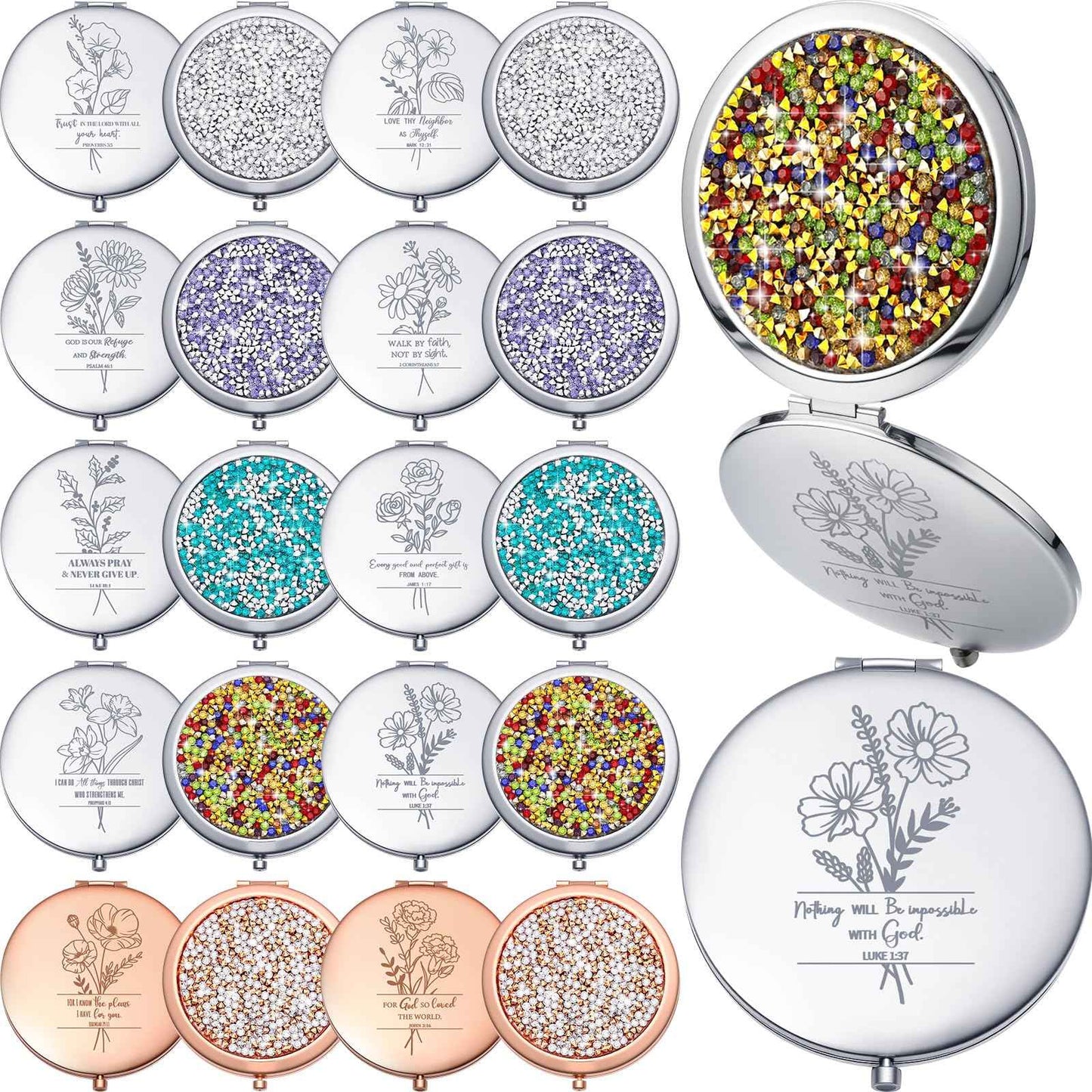 Weysat 10 Pcs Christian Compact Mirror Gifts for Women Bible Verse Metal Round Pocket Makeup Mirrors Bulk Christmas Inspirational Religious Church Party Favors for Women Nurse(Rose Gold, Silver)
