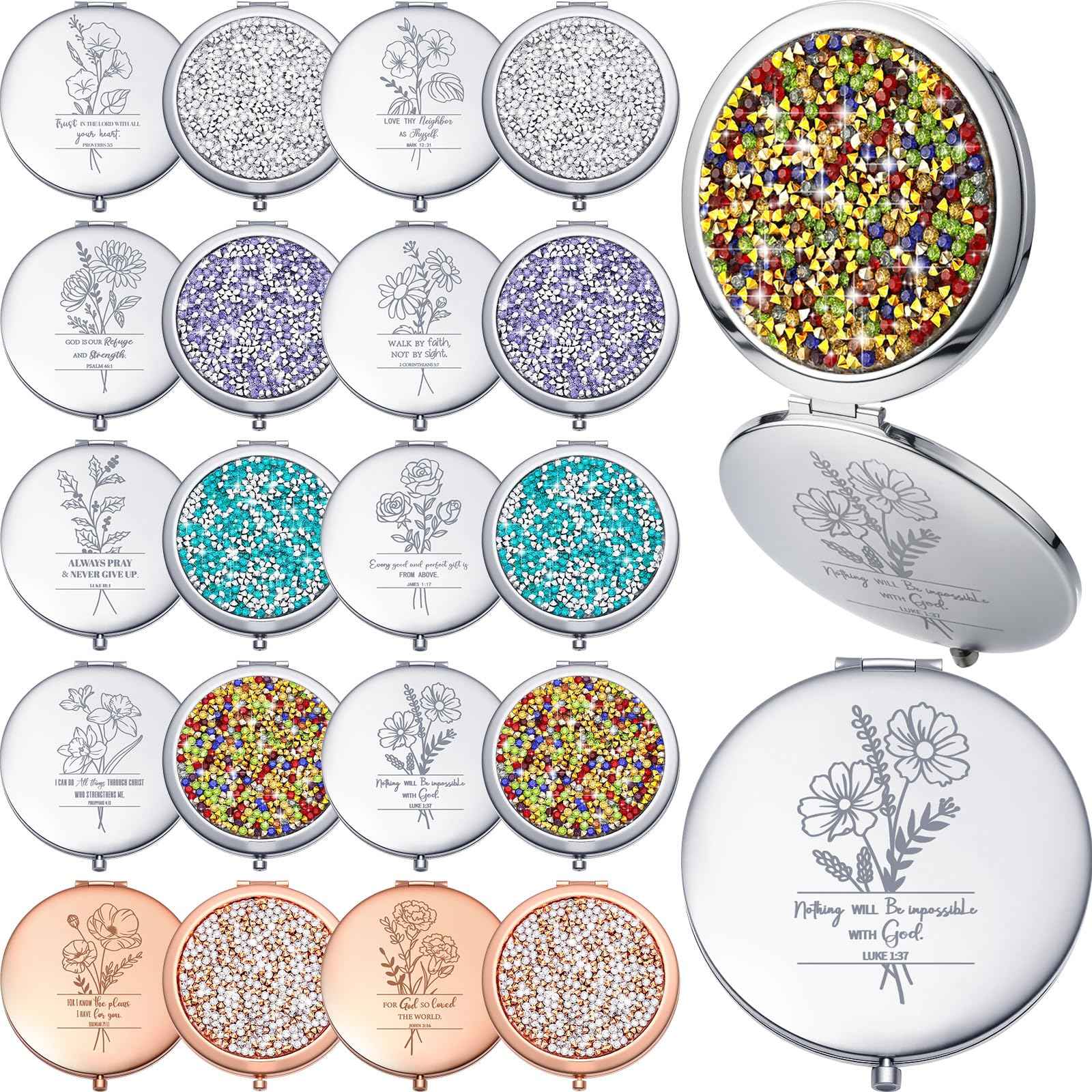 Weysat 10 Pcs Christian Compact Mirror Gifts for Women Bible Verse Metal Round Pocket Makeup Mirrors Bulk Christmas Inspirational Religious Church Party Favors for Women Nurse(Rose Gold, Silver)