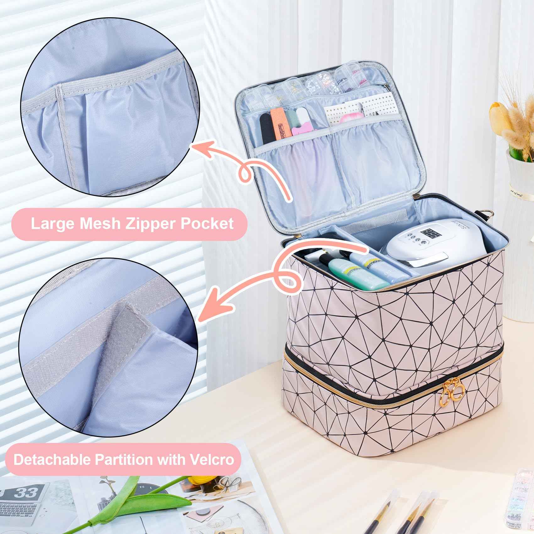 Uross Nail Polish Organizer Bag Holds 30 Bottles Nail Polish & Nail Kit -Nail Polish Storage Organizer Bag Nail Supplies Organizer Case for nail tech - Lightpink