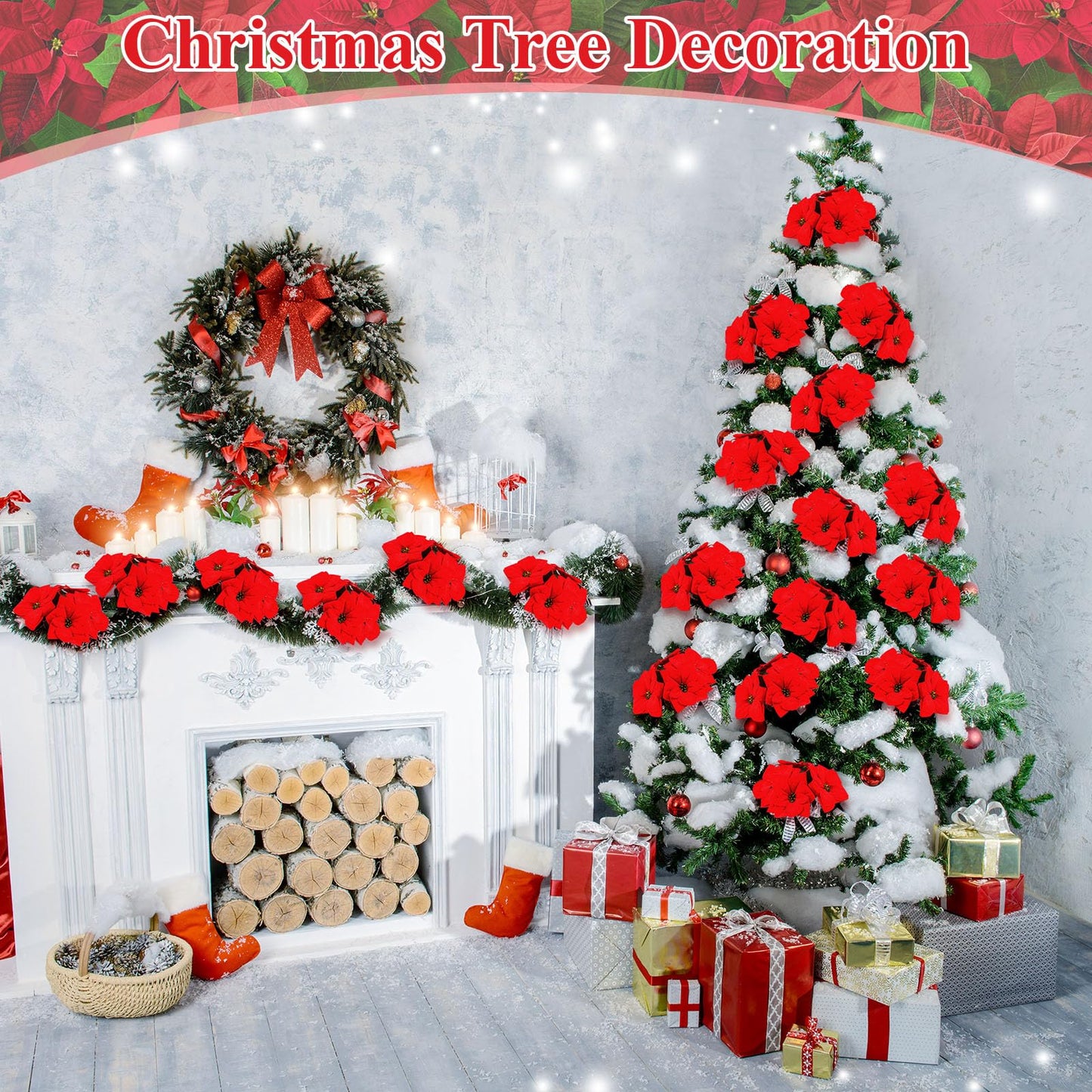 Riceshoot 18 Pcs Christmas Artificial Poinsettia Bushes 18 Inch Faux 5 Heads Poinsettia Bush Bouquets Velvet Artificial Christmas Flowers for Xmas Tree Home Indoor Outdoor Decorations (Red)