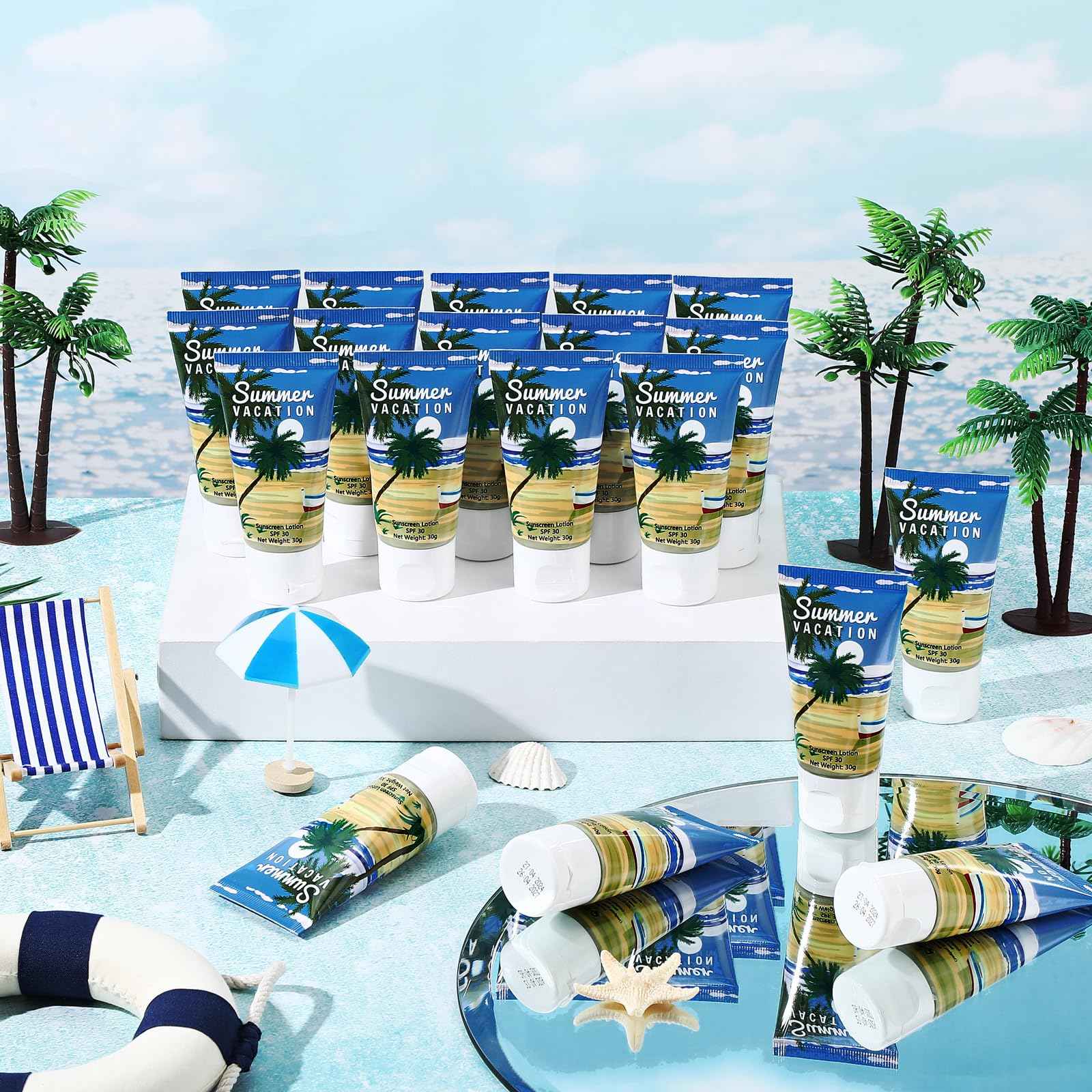 Dansib 24 Pcs Mini Sunscreen Bulk for Summer Wedding Party Spf 30 Water Resistant Sunscreen Lotion Bulk 1oz Travel Size for Thank You Gifts Wedding Party Supplies(White Cream,Vacation)