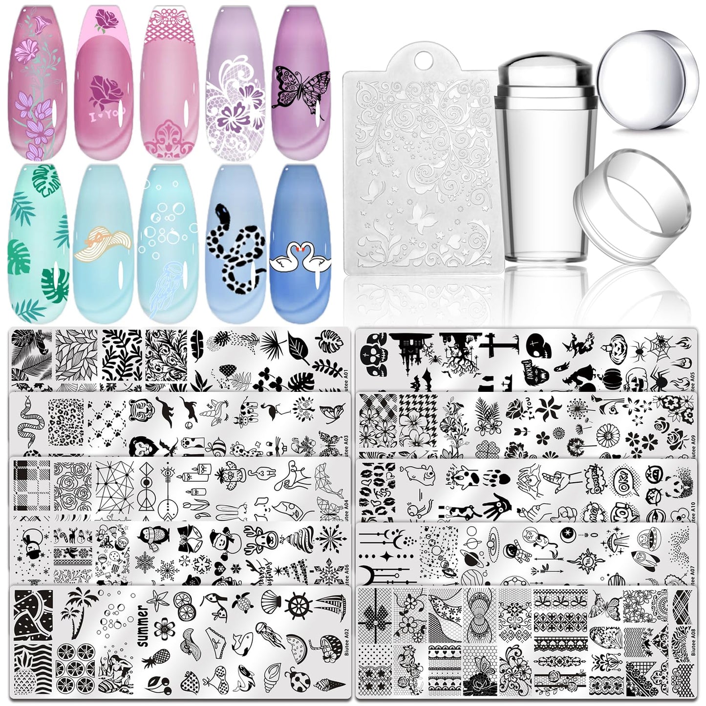 Biutee Nail Stamping Plates set 10 pcs Nail Art Stamper Scraper Gift Box Nail Stamp Template Kit Lace Flower Butterfly Star Design Nail Image Plate