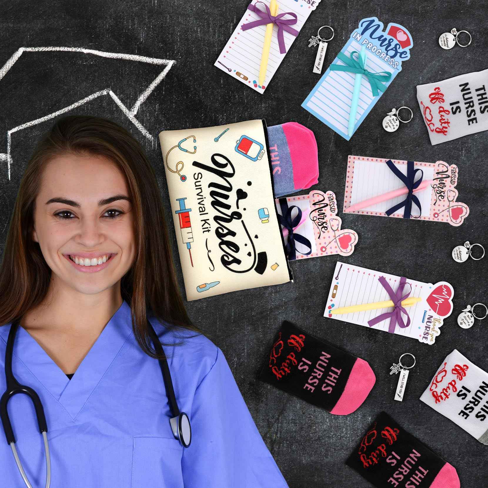 Jiuguva 36 Pcs Christmas Nurse Appreciation Gifts in Bulk 2025 Christmas Nurse Gifts Survival Kit Include Socks Makeup Cosmetic Bags Keychains Notepad for Medical Doctor Assistants Graduation Coworker