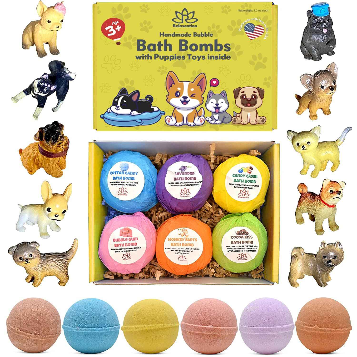 Organic Little Puppy Bath Bombs for Kids with Dog Toys Surprise Inside - Natural and Safe Bubble Bombs with Essential Oils - Bath Bombs Toys Inside – Great Gift Set for Boys and Girls Handmade in USA