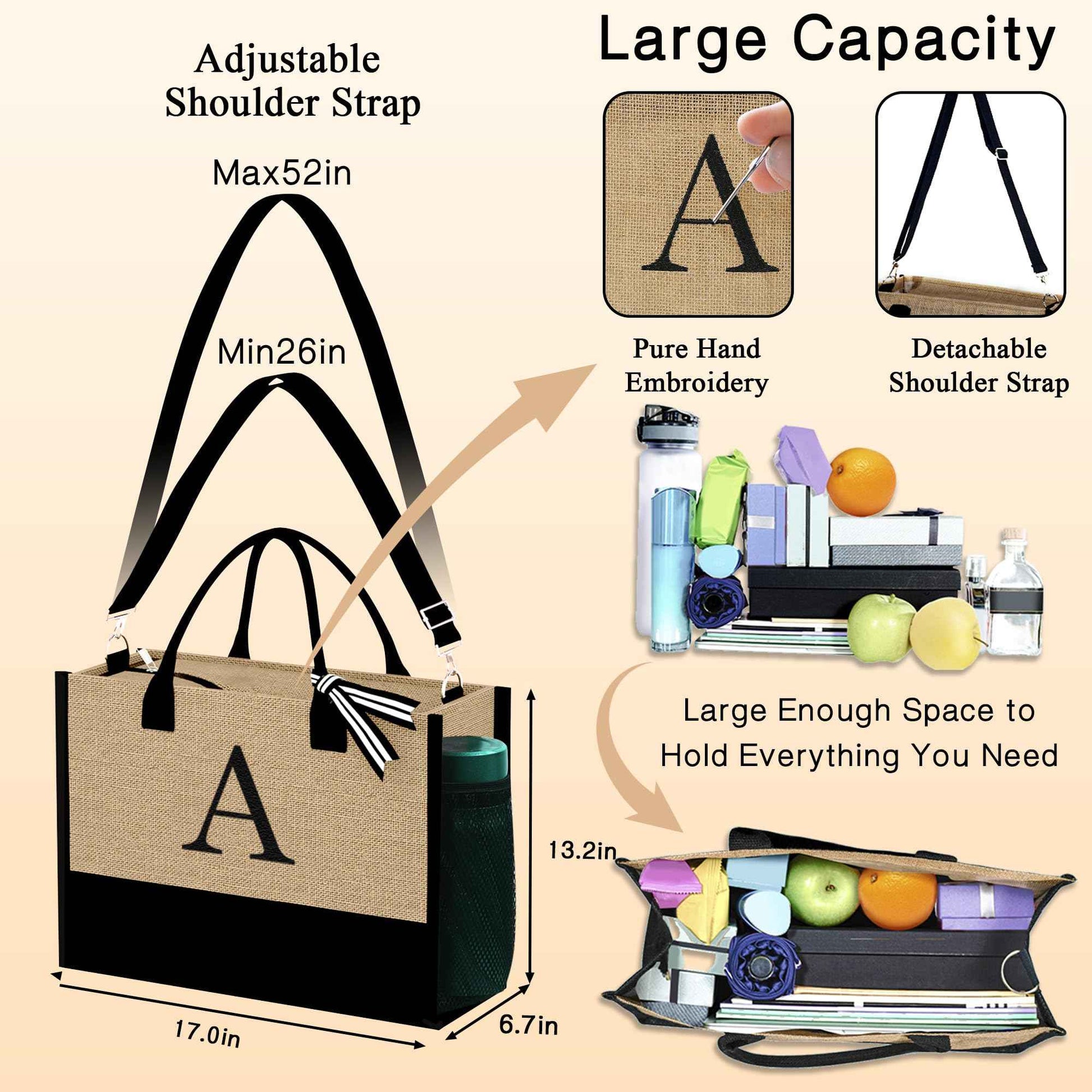 YOOLIFE 3 Pcs Initial Jute Tote Bag & Initial Makeup Bag Personalized Gifts for Women Teen Girls