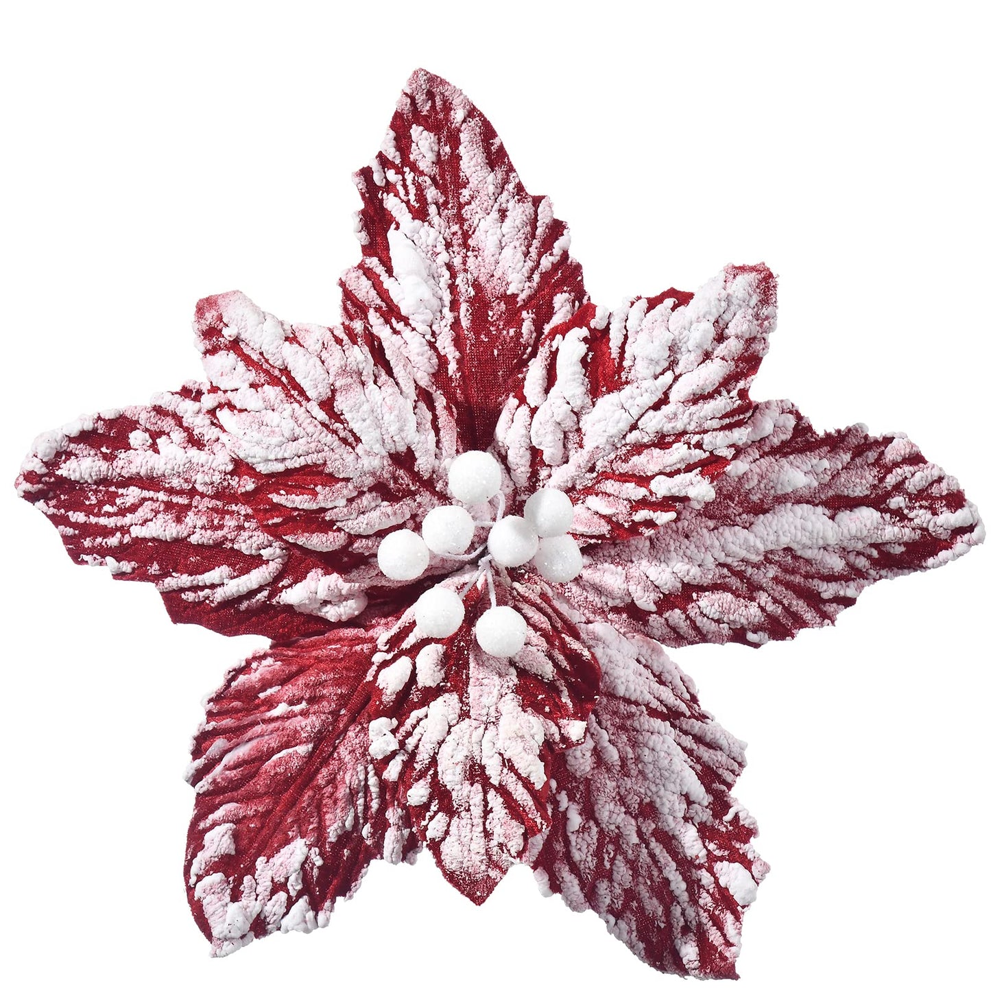 FuleHouzz 10pcs Snow Decorated Large Poinsettia Decorative Christmas Flower Stem for Christmas Tree Wreath Garland, Red/White