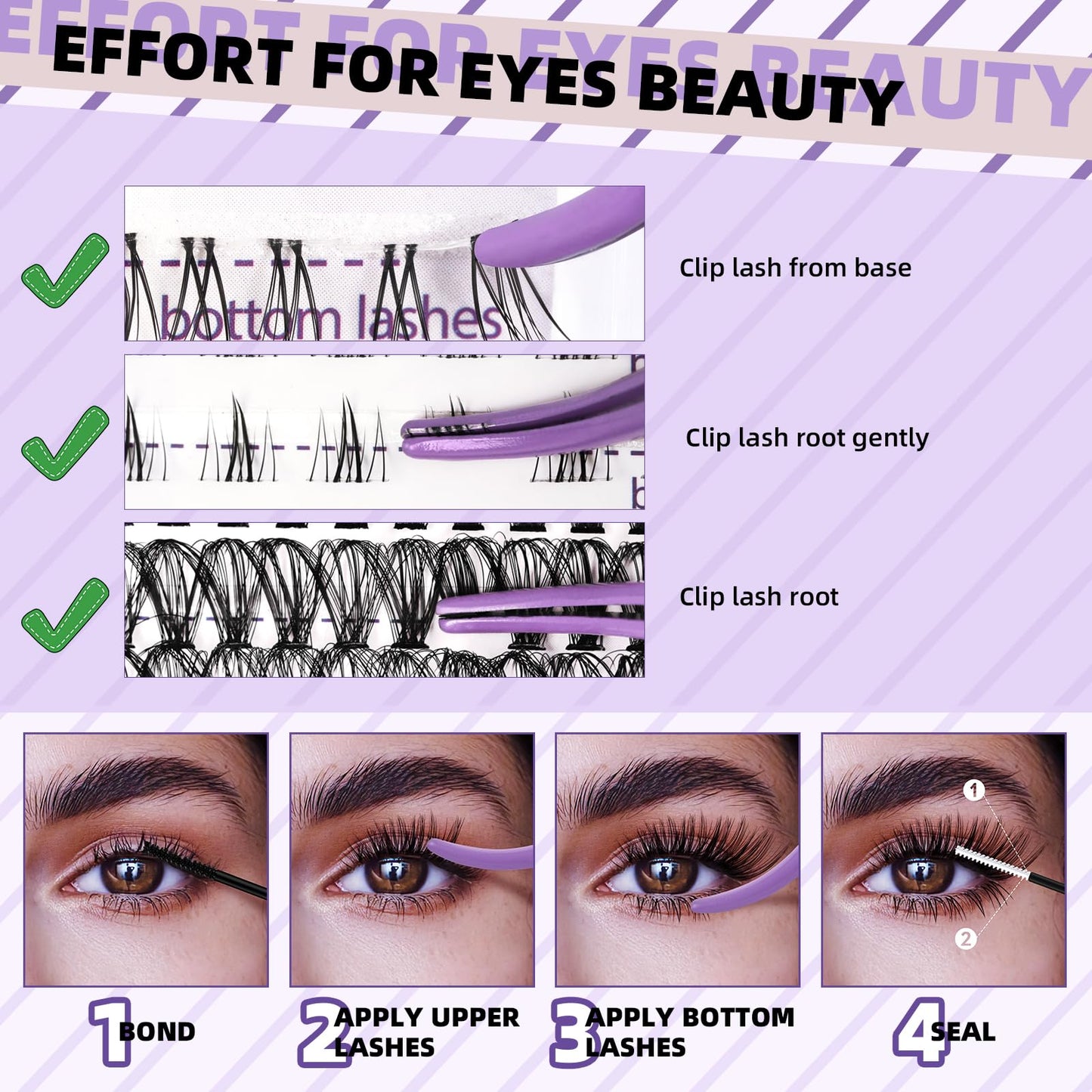 Eyelash Extension Kit with Bottom Lash Extension 10-18mm 30D D Curl Lash Clusters Kit with Bottom Lashes DIY Lash Extension Kit Bond and Seal Lash Applicator (Kit-30D-D-MIX10-18)