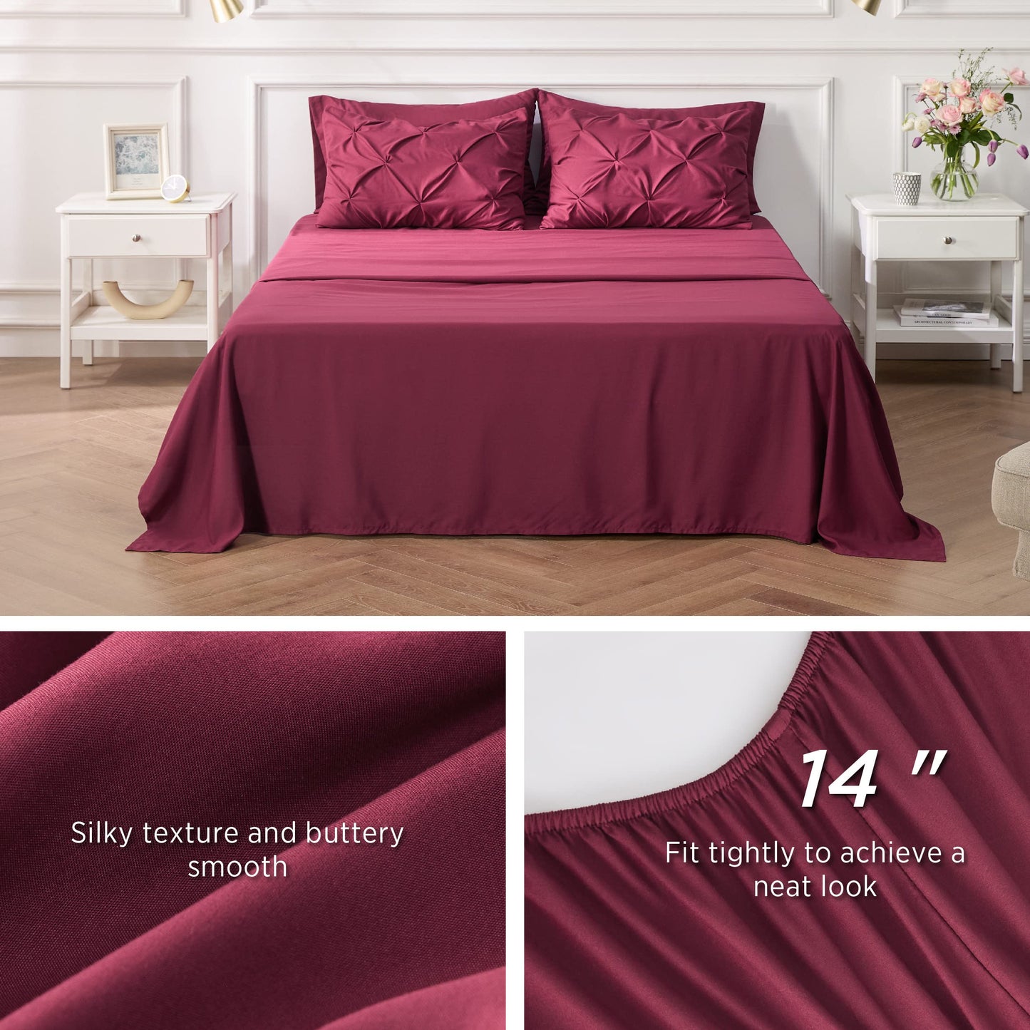 Bedsure Twin/Twin XL Comforter Set with Sheets - 5 Pieces Twin Bedding Sets, Pinch Pleat Burgundy Twin Bed in a Bag with Comforter, Sheets, Pillowcase & Sham