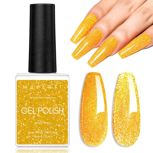 Makartt Glitter Nail Polish, Flash Diamond Yellow Reflective Spring Nail Gel 15ML Soak Off UV LED Sparkly Shiny Gel Polish Manicure DIY Nail Art Designs Home Salon-Lemon Drops