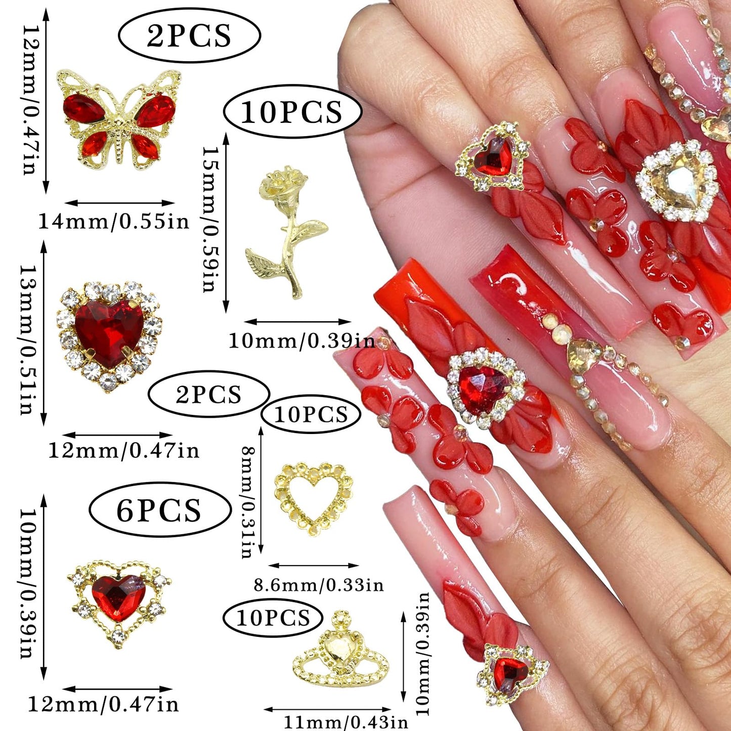 RODAKY 40PCS Valentine's Day Heart Charms for Acrylic Nails 3D Gold Butterfly Flower Nail Art Charms Gold Crown Charms for Manicure DIY Nail Gems for Nail Supplies Accessories for Women and Girls