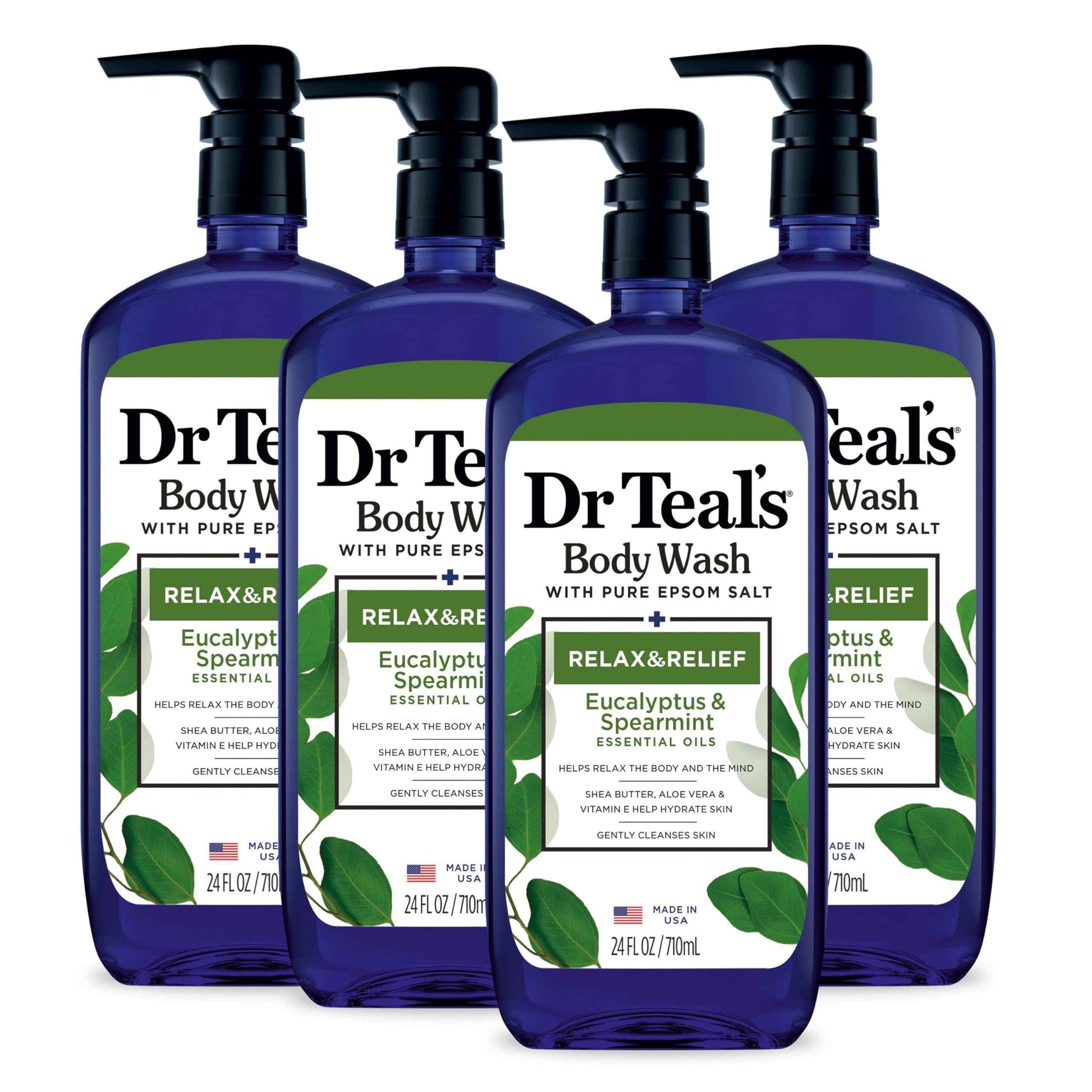 Dr Teal's Body Wash with Pure Epsom Salt, Relax & Relief with Eucalyptus & Spearmint, 24 fl oz (Pack of 4) (Packaging May Vary) & Pure Epsom Salt Soak, Relax & Relief with Eucalyptus & Spearmint, 3lbs