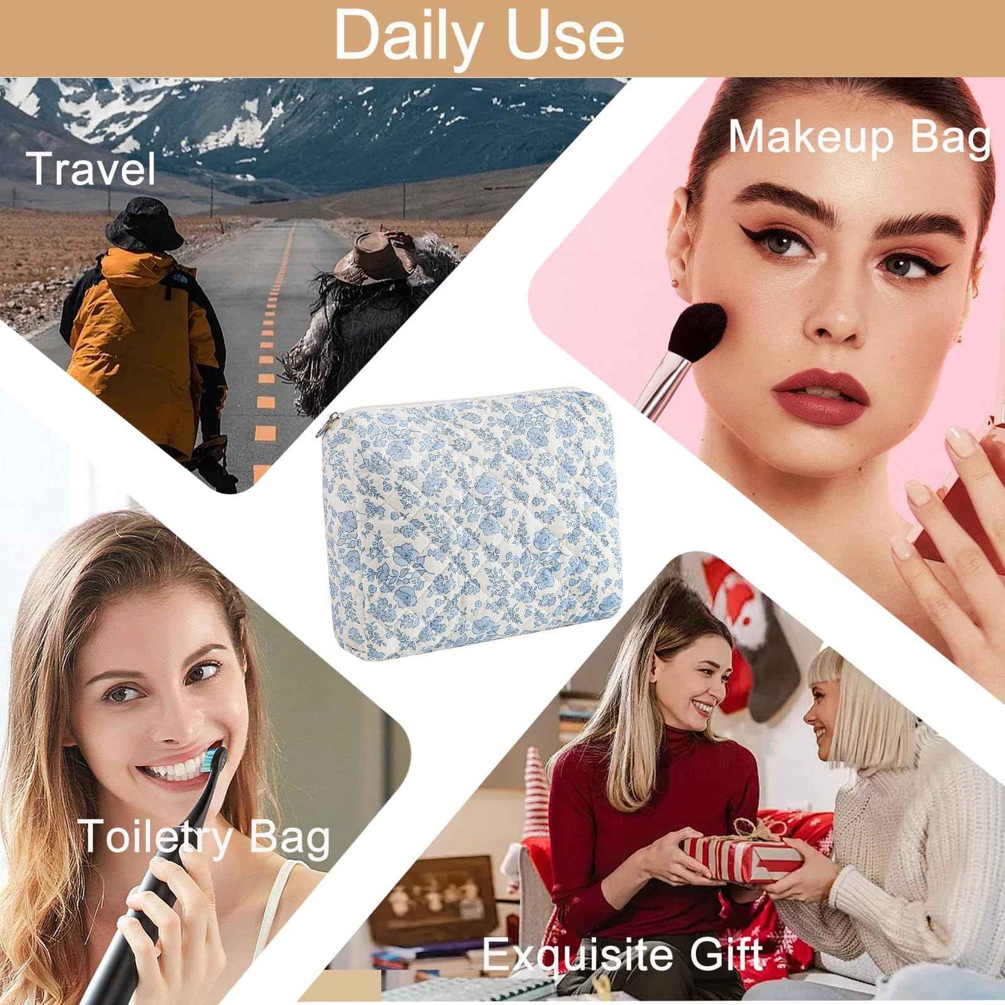 HHQQWZ Large Travel Makeup Bag Cosmetic Bag for Women Girls, Cute Large Floral Cotton Cosmetic Bag, Zipper Toiletry Bag Makeup Brushes Accessories Organizer Storage Bag (Blue Floral)