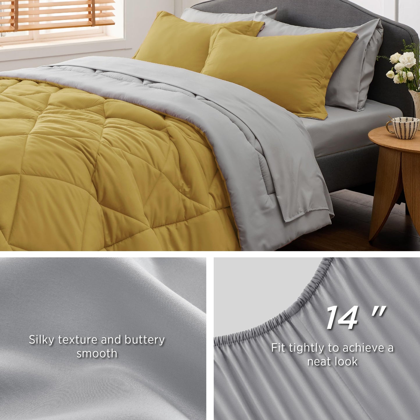 Bedsure Mustard Yellow Twin Comforter Set - 5 Pieces Reversible Twin Bed in a Bag for College, Extra Long Twin Bed Set Mustard Yellow and Grey with Comforters, Sheets, Pillowcase & Sham