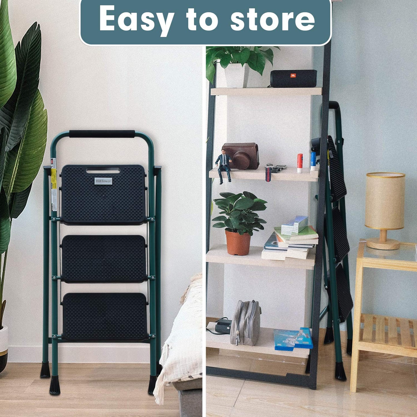 HBTower 3 Step Ladder, Folding Step Stool with Wide Anti-Slip Pedal, 500 lbs Sturdy Steel Ladder, Convenient Handgrip, Lightweight, Portable, Green and Black