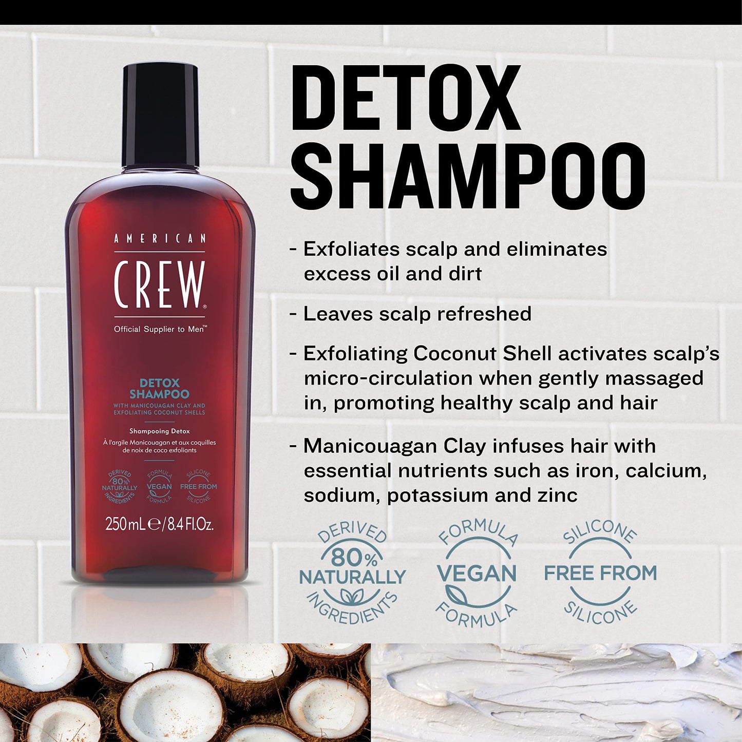 American Crew Detox Shampoo for Men, Naturally Derived, Vegan Formula, Citrus Mint Fragrance, 33.8 Fl Oz