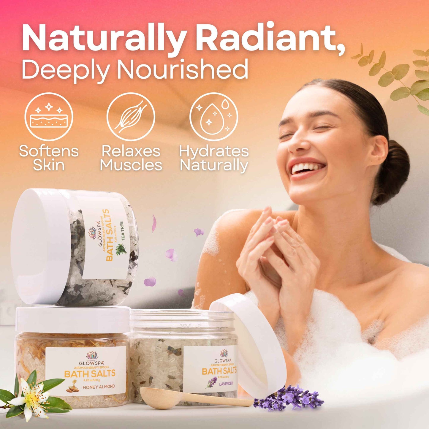 Bath Salts Gift Set for Women – Pack of 6 Scents: Lavender, Rose, Chamomile, Eucalyptus, Coconut, Orange – Epsom Salt Gift Set, Bath Crystals for Women Relaxing, Self Care Gift for Mom