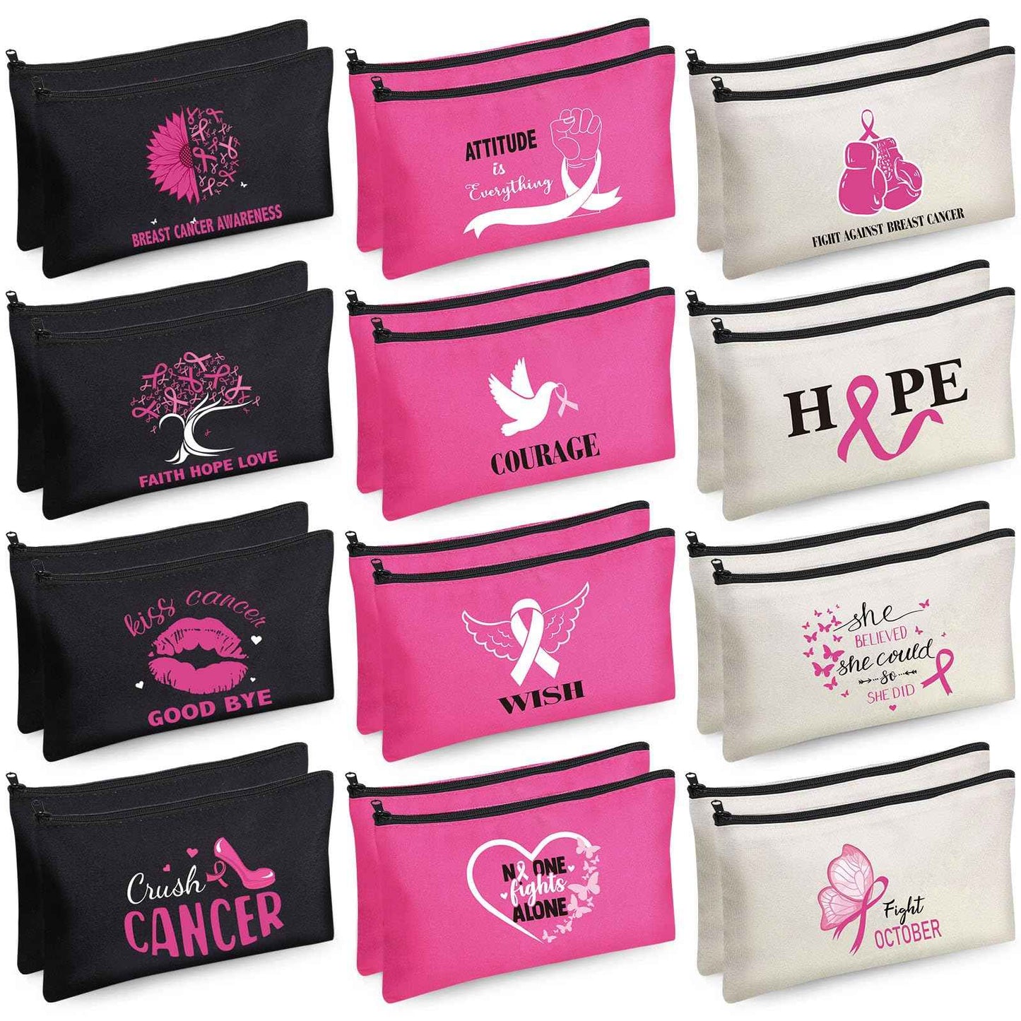 Breast Cancer Awareness Bag Pink Ribbon Travel Makeup Pouch Breast Cancer Cosmetic Pouch Portable Canvas Breast Cancer Gift Bag for Vacation Travel Women Breast Cancer Awareness Party (24 Pcs)
