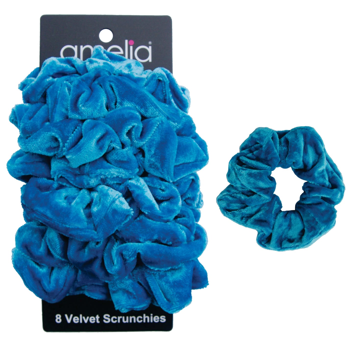 Amelia Beauty, Blue Velvet Scrunchies, Medium 3.5in, Gentle on Hair, Strong Hold, No Snag, No Dents or Creases. 8 Pack