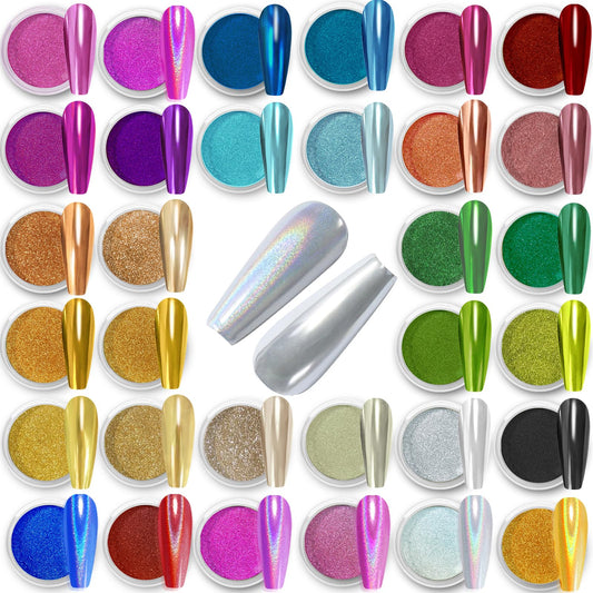 Allstarry Chrome Nail Powder 32 Colors Metallic Mirror Effect Powder Holographic Manicure Pigment Glitter Powder Kit for Nail Art Decoration Gel Polish with 32 Pcs Eyeshadow Sticks