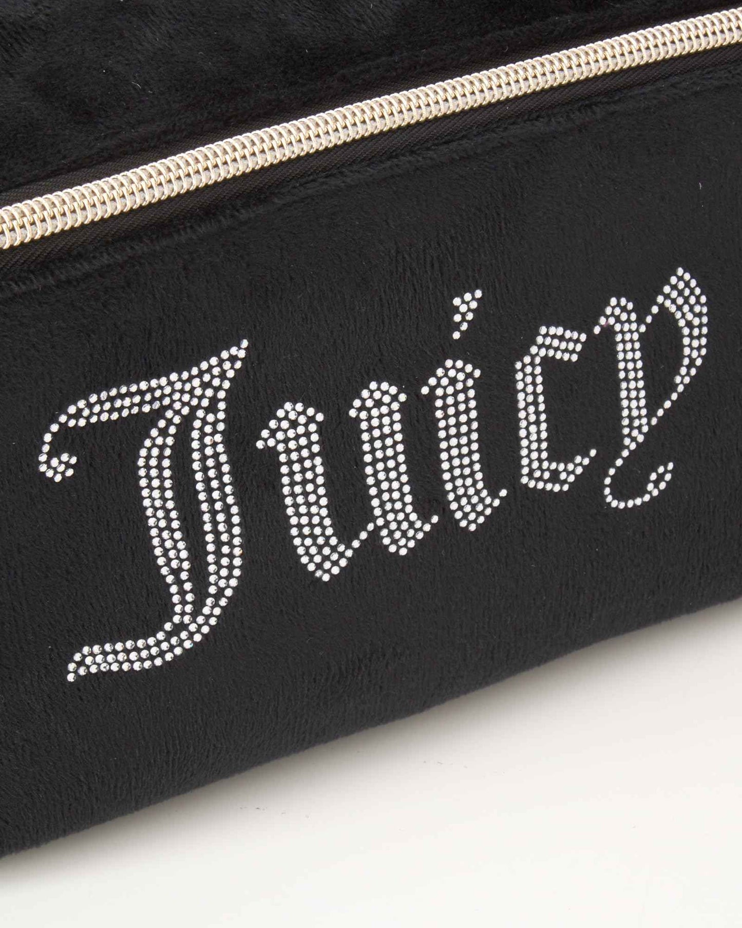 Juicy Couture Black Makeup Bag Cosmetics Organizer Travel Essentials Cross Zip Velour Rhinestone Gold Handle