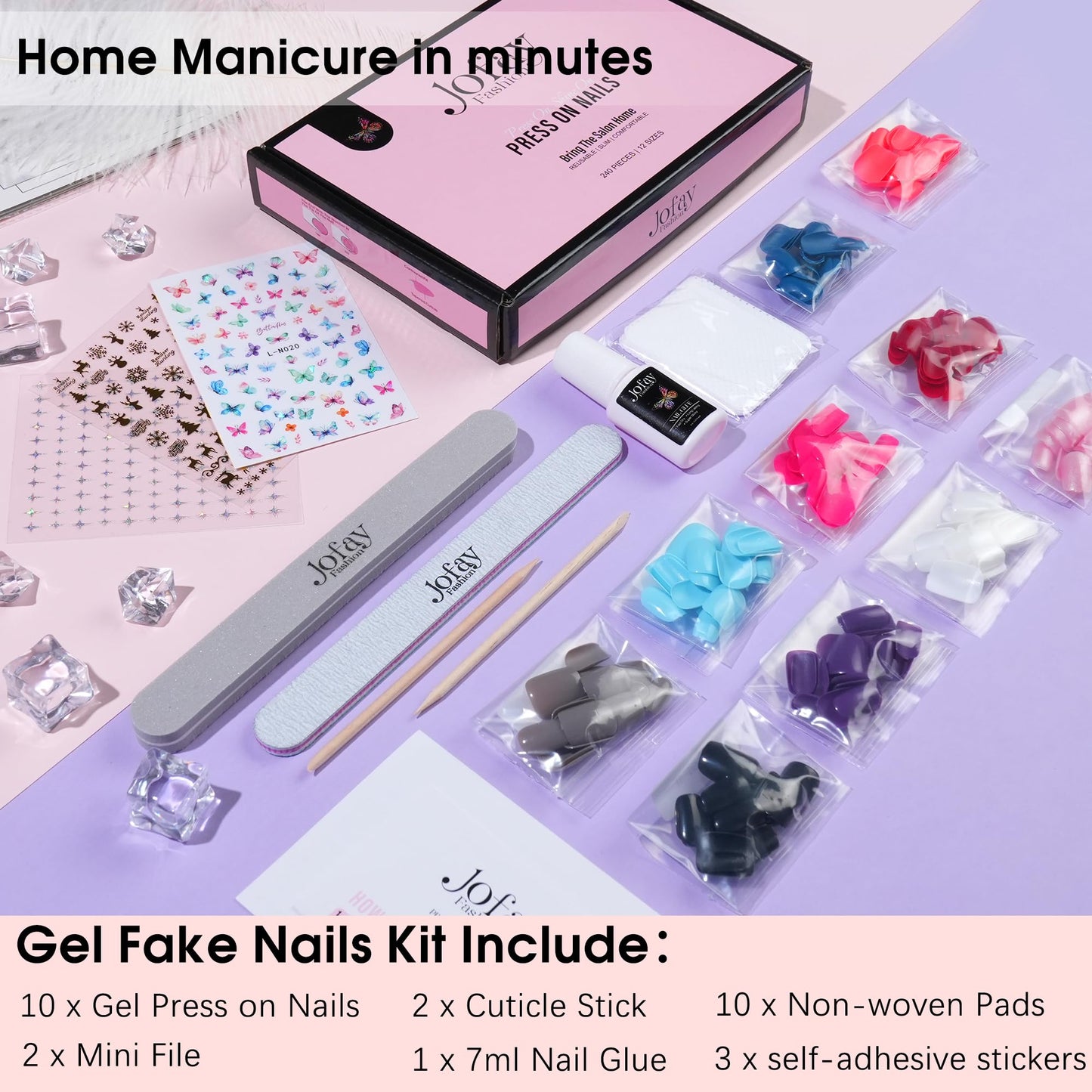 240Pcs Nails Tips Press on Nails Short Kit, Jofay Fashion Acrylic Fake Nails with Glue, 2 Glitter Valentines Press on Nails, 8 Solid Colors Artificial False Nails, Glue on Nails Stick On Nails