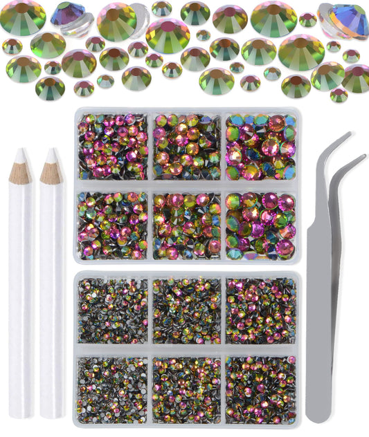 LPBeads 6000 Pieces Vitrail Medium Non Hotfix Rhinestones 6 Sizes Round Crystal Glass Flat Back Rhinestones with Tweezers and Picking Pen for Nail Art Crafts Bags DIY