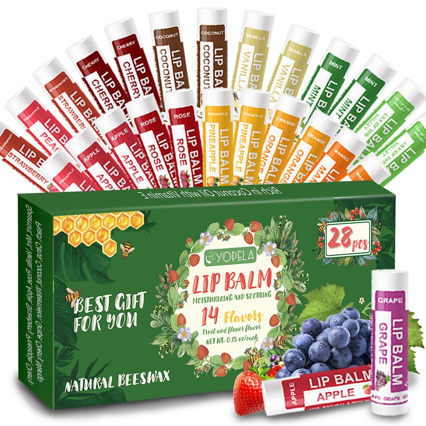 Yopela 28 Pack Natural Lip Balm Bulk with Vitamin E and Coconut Oil - Moisturizing, Soothing, and Repairing Dry and Chapped Lips - 14 Flavors - Non-GMO