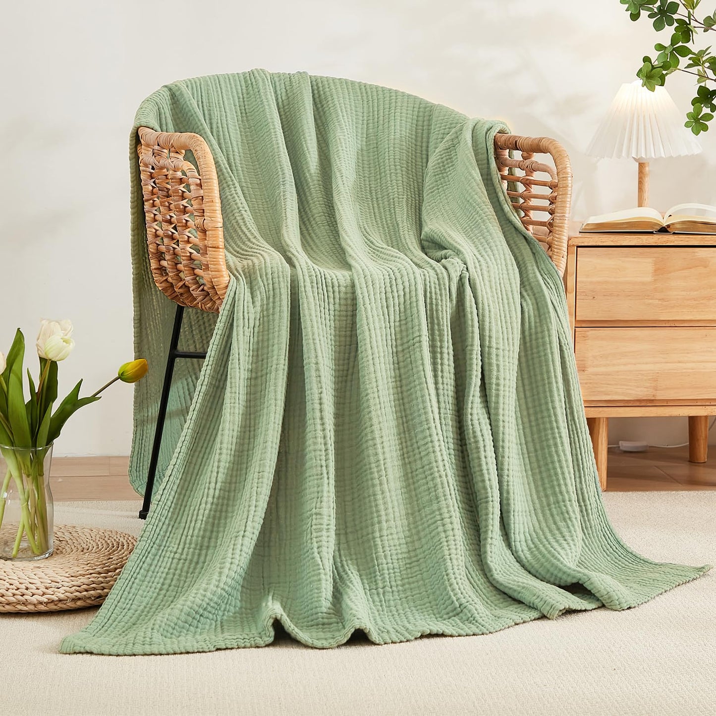 EMME Cotton Blanket Queen Size for Bed Soft Large Muslin Bed Blankets 80"x90" Lightweight Breathable Blanket Bedspread All Season Gauze Blanket, Sage Green