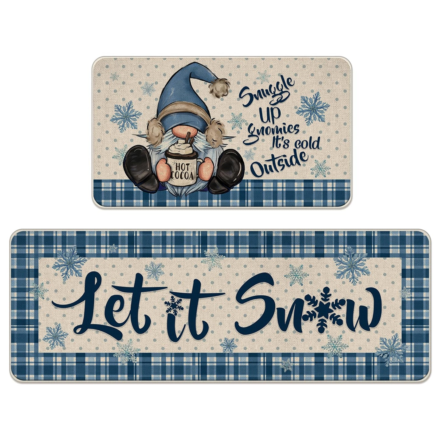 Tailus Winter Gnome Let It Snow Kitchen Rugs Set of 2, Blue Plaid Polka Dot Snowflake Farmhouse Kitchen Mats Decor, Christmas Holiday Seasonal Floor Door Mat Home Decorations -17x29 and 17x47 Inch