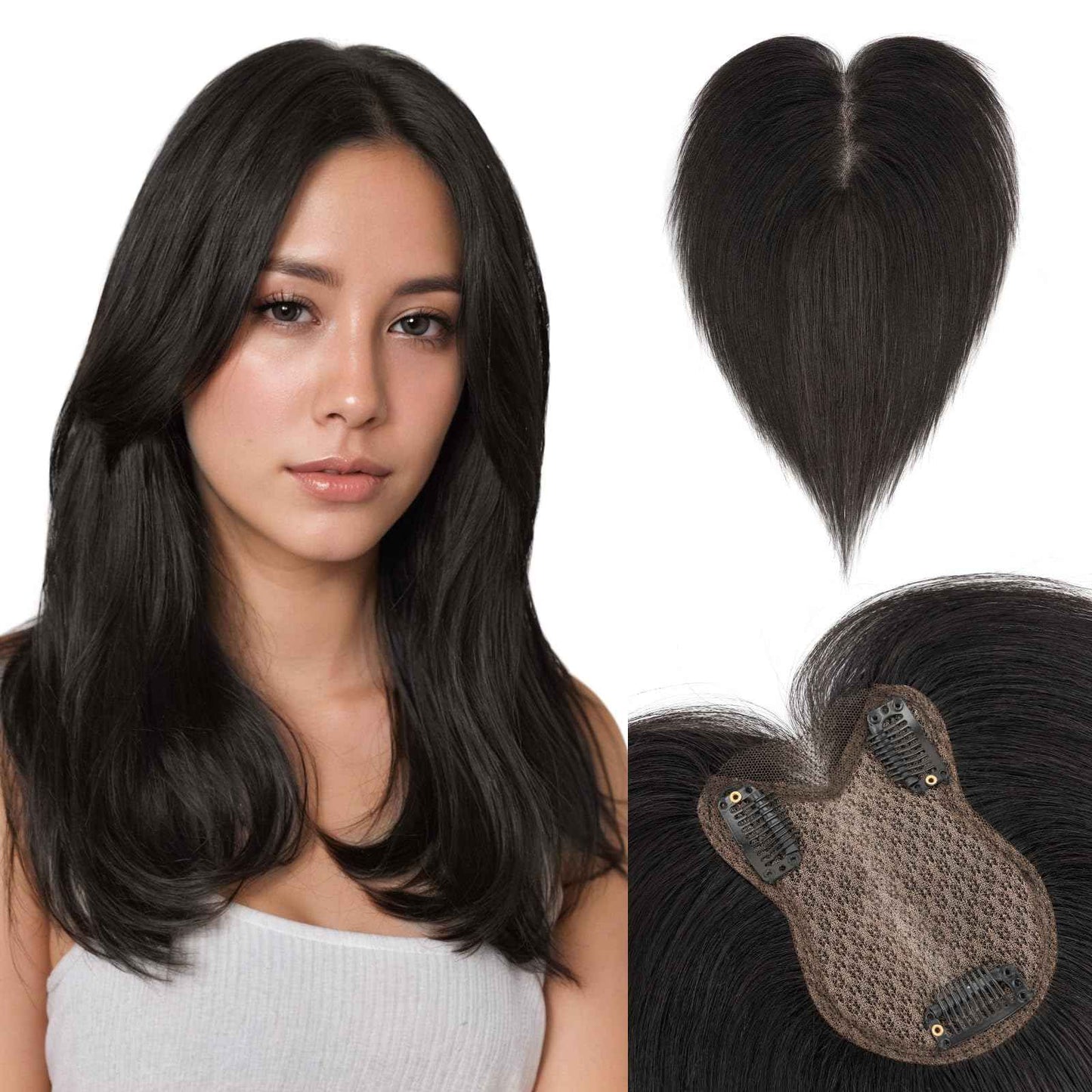 S-noilite Hair Toppers for Women Real Human Hair,Upgrade Base 360 3D Clip in Toppers for Women with Side Bangs HairPieces Clip on Bangs(Natural Black,11inch)