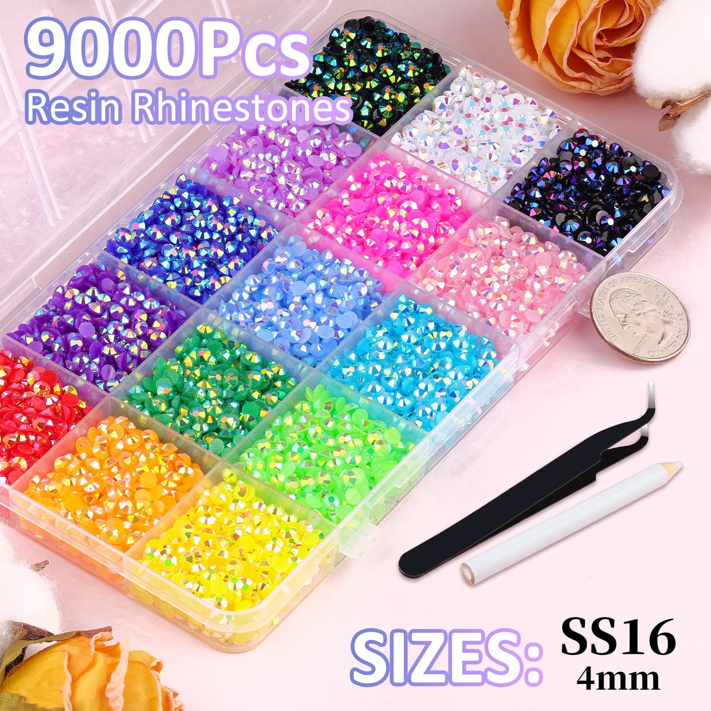 9000Pcs Resin Jelly Rhinestones for Crafting, Mixed-Color 4mm Flatback Gems, Bedazzling Crystal with 3Pcs 10ml B7000 Jewelry Glue for DIY Crafts Clothing Tumblers Shoes Nail Art