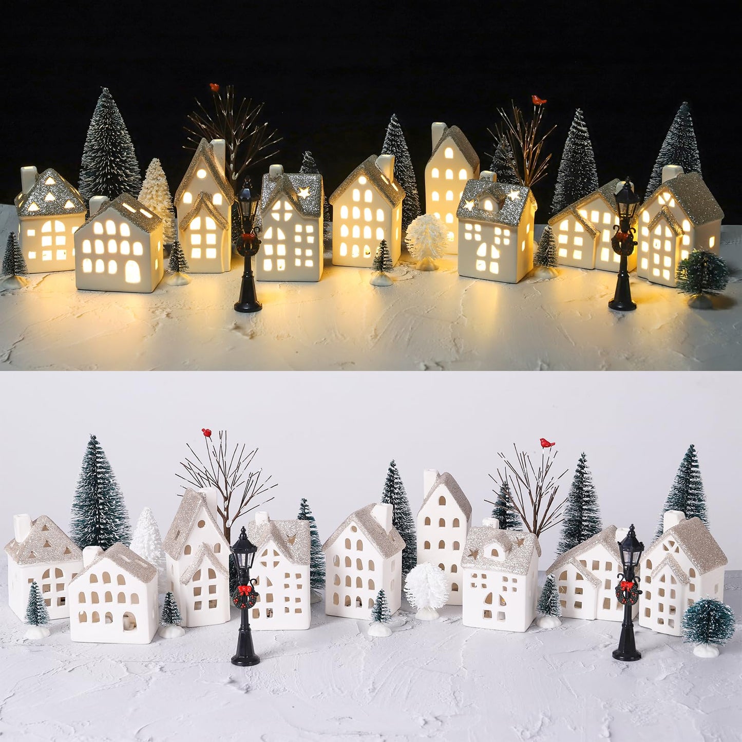 Spdmhyo 29Pcs Ceramic Christmas Village Set with Tea Light Christmas Pine Trees Xmas Street Lamp White Porcelain House Mantle Tabletop Christmas Decoration(Built in LR44)