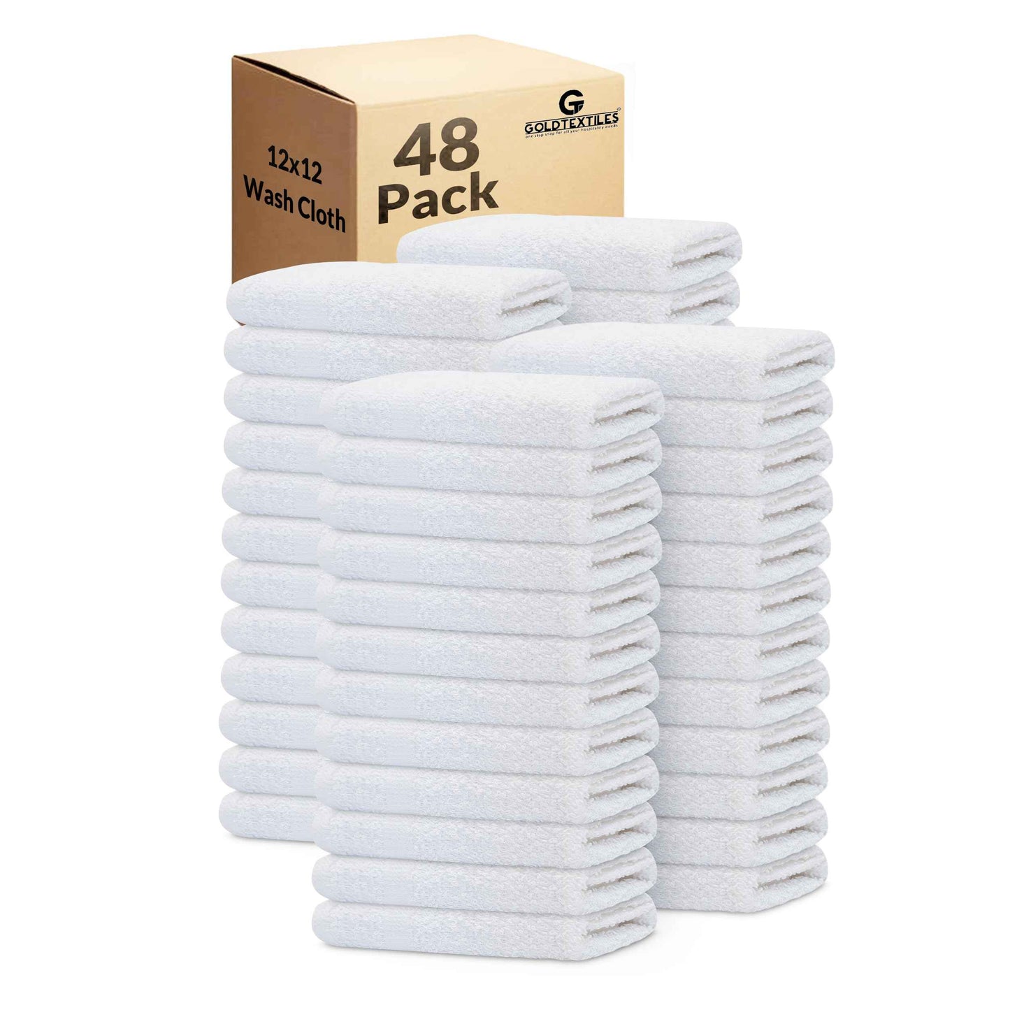 GOLD TEXTILES 48 Pack Economy White Washcloths Set (12x12 inches) - Cotton Blend Commercial Grade Cleaning Rags, Quick Drying & Soft Face Cloths, Fingertip Towels for Bathroom, Spa, Gym, and Kitchen