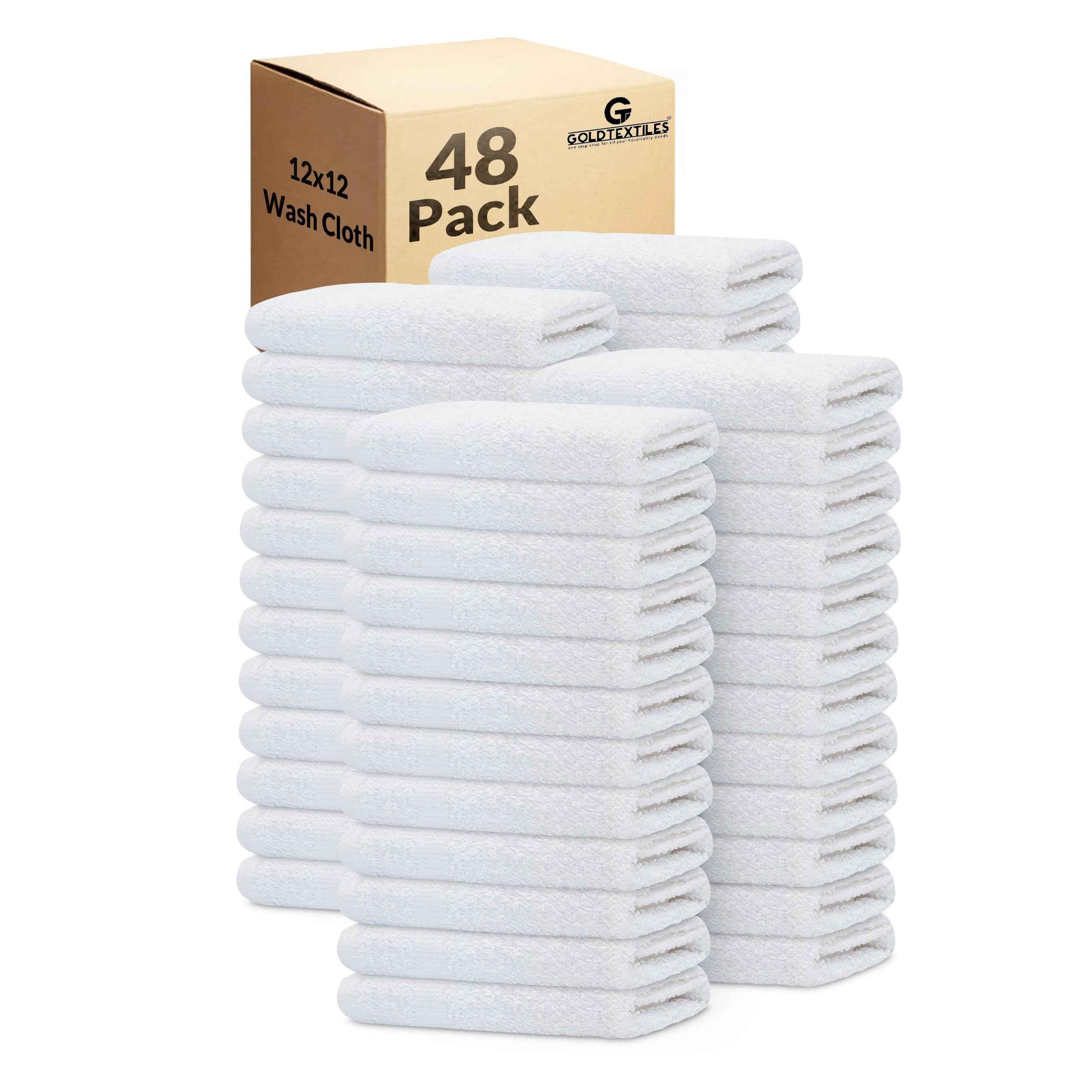 GOLD TEXTILES 48 Pack Economy White Washcloths Set (12x12 inches) - Cotton Blend Commercial Grade Cleaning Rags, Quick Drying & Soft Face Cloths, Fingertip Towels for Bathroom, Spa, Gym, and Kitchen