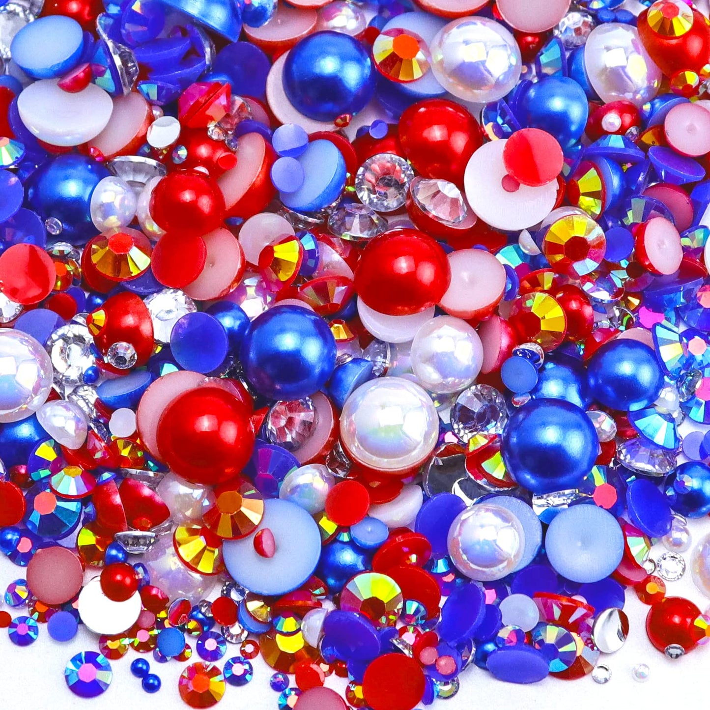 Briskbloom 60g Mix Flatback Pearls and Flatback Rhinestones for Crafts, 2mm-10mm Pearl Rhinestones for Nails Face Art Tumblers, Jelly Rhinestones and Half Pearls, with Tweezers Wax Pen, White|Red|Blue