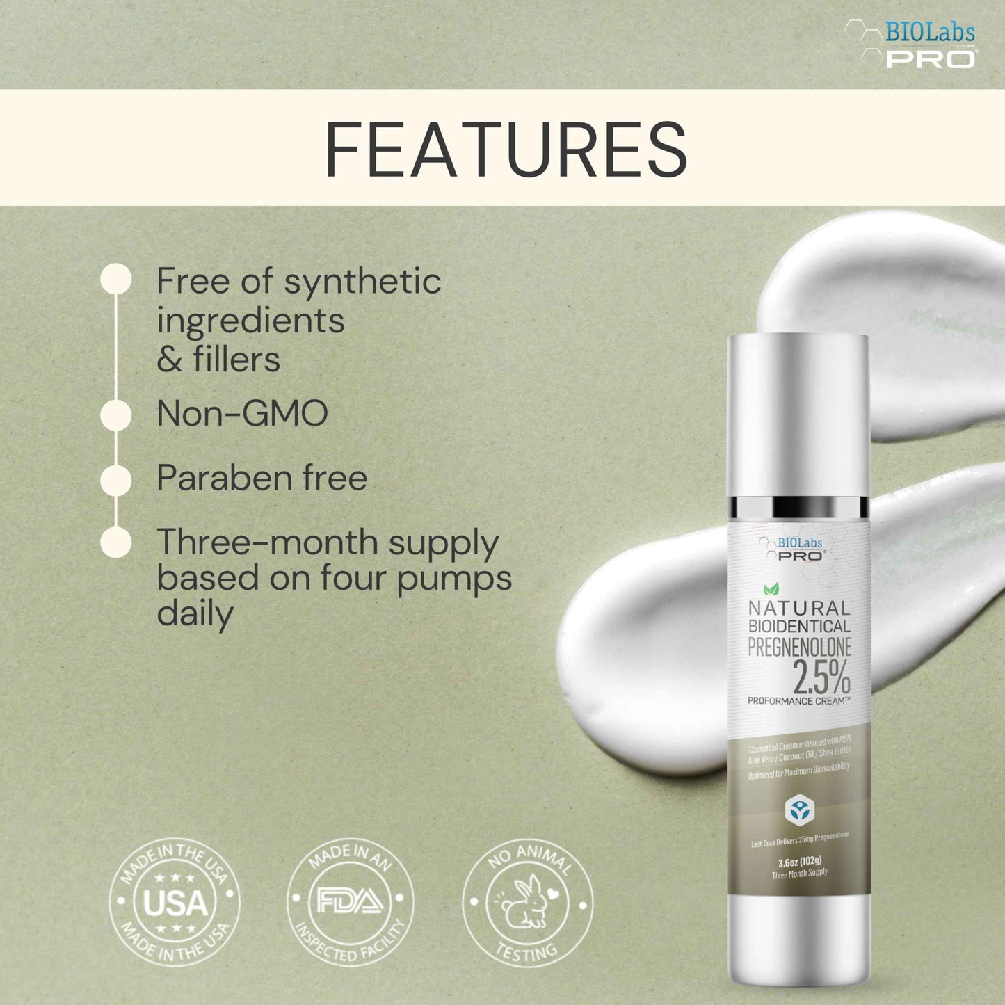 BIOLABS PRO Pregnenolone Cream 2.5% - Bioidentical Natural Pregnenolone - 25mg Per Dose - Three Month Supply - Luxury Bottle - 3.6oz