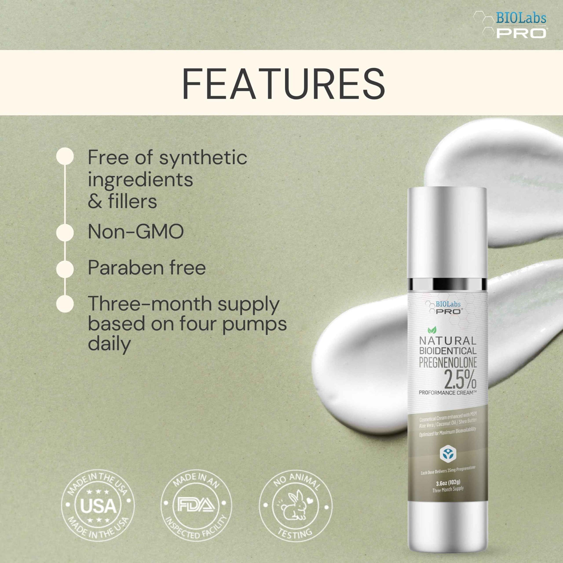 BIOLABS PRO Pregnenolone Cream 2.5% - Bioidentical Natural Pregnenolone - 25mg Per Dose - Three Month Supply - Luxury Bottle - 3.6oz