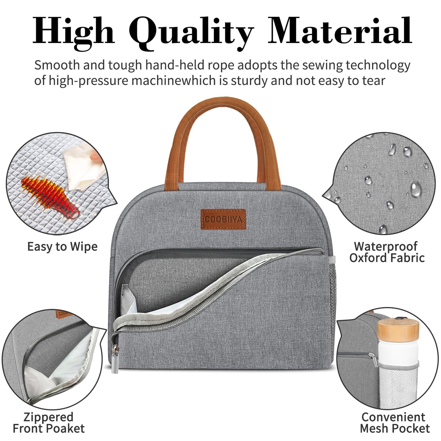 Coobiiya Lunch Bag Women, Lunch Box Lunch Bag for Women Adult Men, Small Leakproof Cute Lunch Tote Large Capacity Reusable Insulated Cooler Lunch Container for Work/Office/Picnic/Travel-Grey