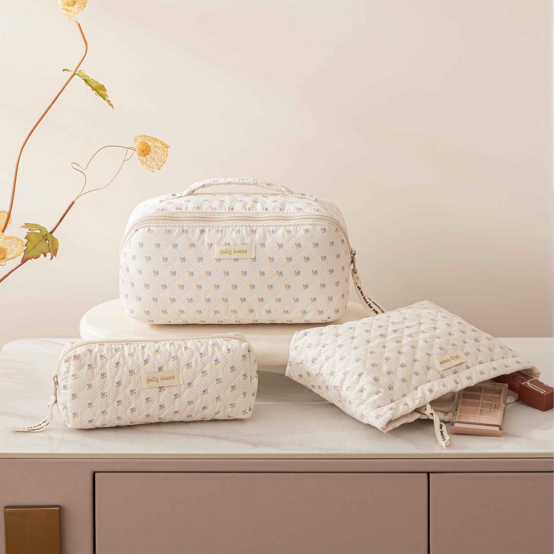 HBselect Quilted Makeup Bag, 3PCS Cotton Large Travel Makeup Bag, Cute Floral Coquette Make up Bag Cosmetic Bag Toiletry Bag for Women Girls