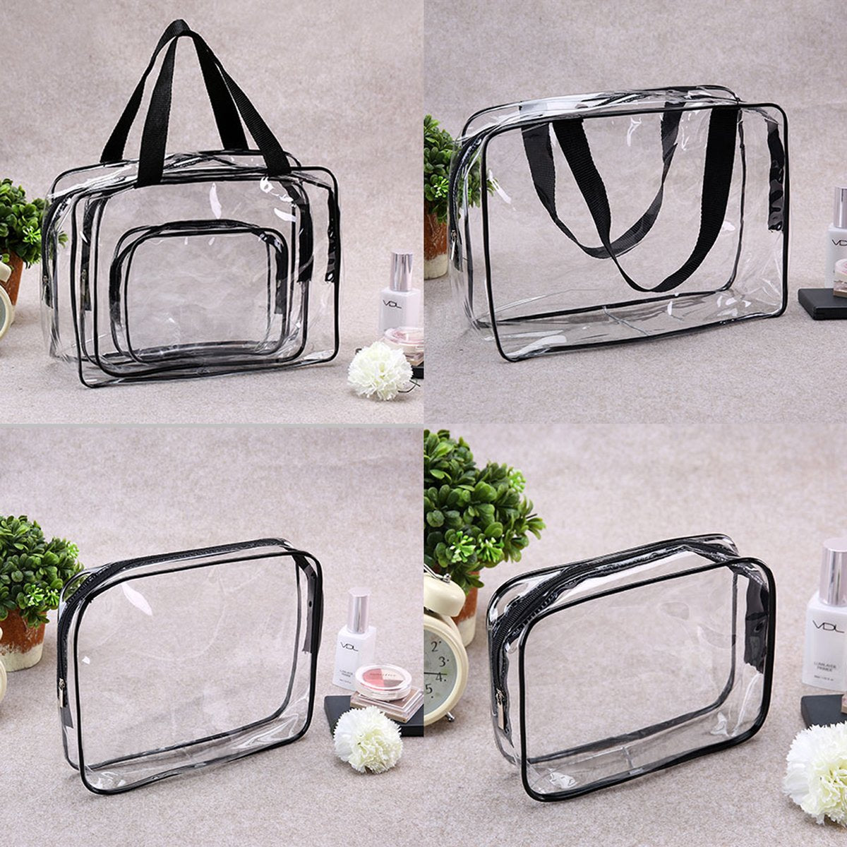 3Pcs Crystal Clear PVC Travel Toiletry Bag Kit for Women Men, Waterproof Vinyl Organizer Makeup Bags with Zipper Handle Straps, Cosmetic Bag Pouch Carry on Airport Airline Compliant Bag Handbag