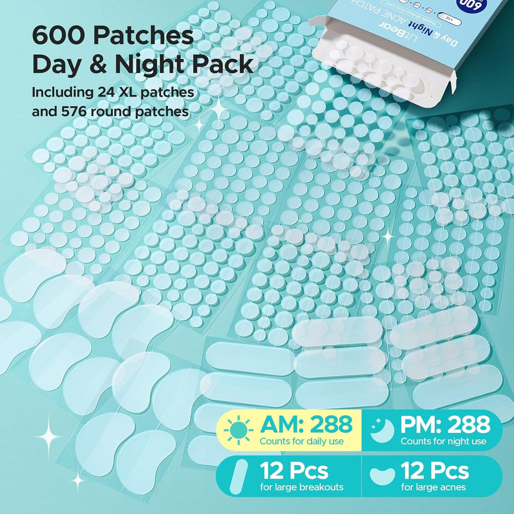 LitBear Pimple Patches for Face, 400 Counts Day and Night Acne Patches, Hydrocolloid Patches for Covering Zit and Blemishes, Large Breakouts, 5 Sizes Thin & Thick Spot Dots Stickers for Chin, Forehead