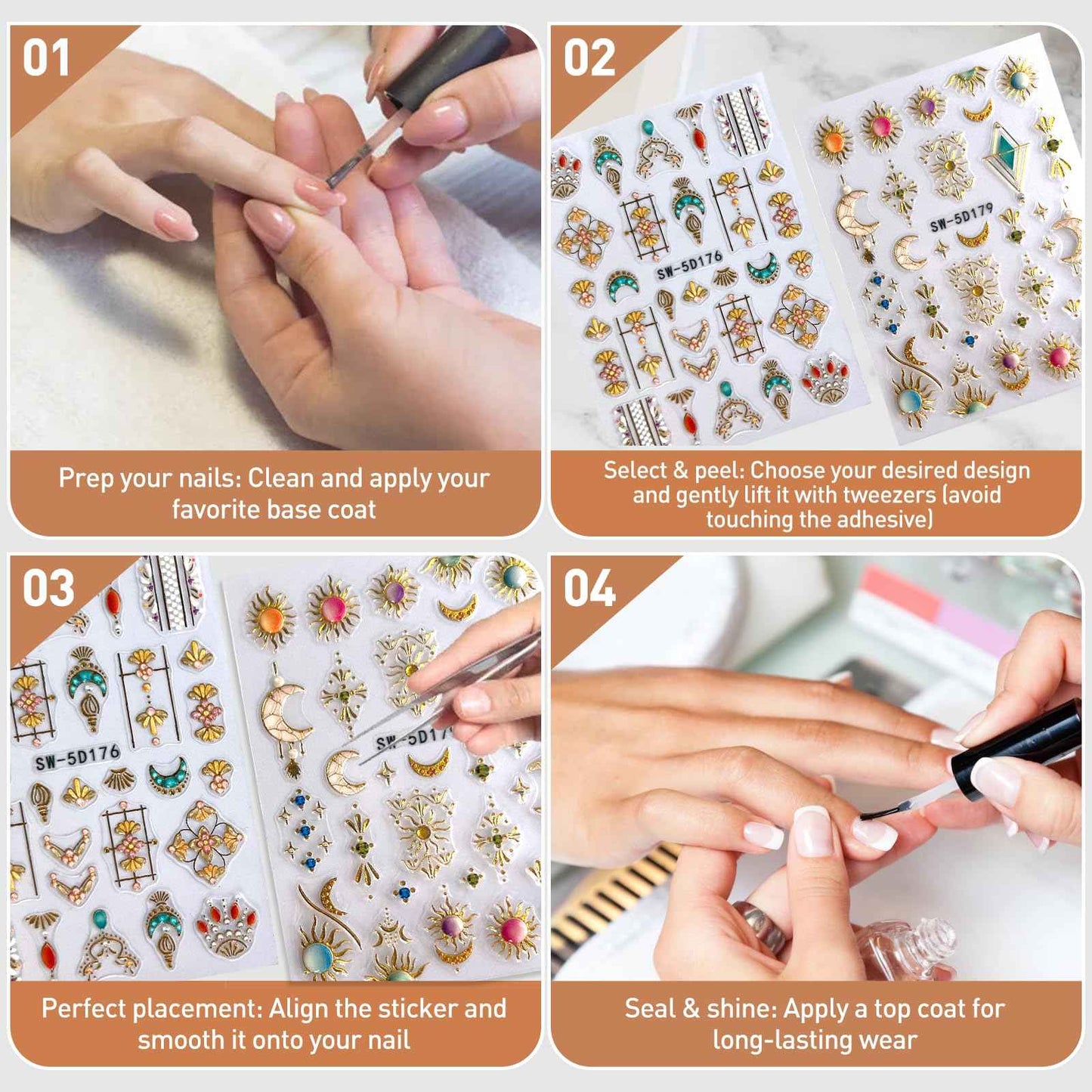 MUIIIGOOD 2 Sheet Sun Moon Stars Boho Nail Stickers Charms for Nail Art 5D Embossed Bohemian Style Floral Nail Decals Metallic Gold Sun Moon Star Luxury Celestial Nail Art Stickers Supplies for Women
