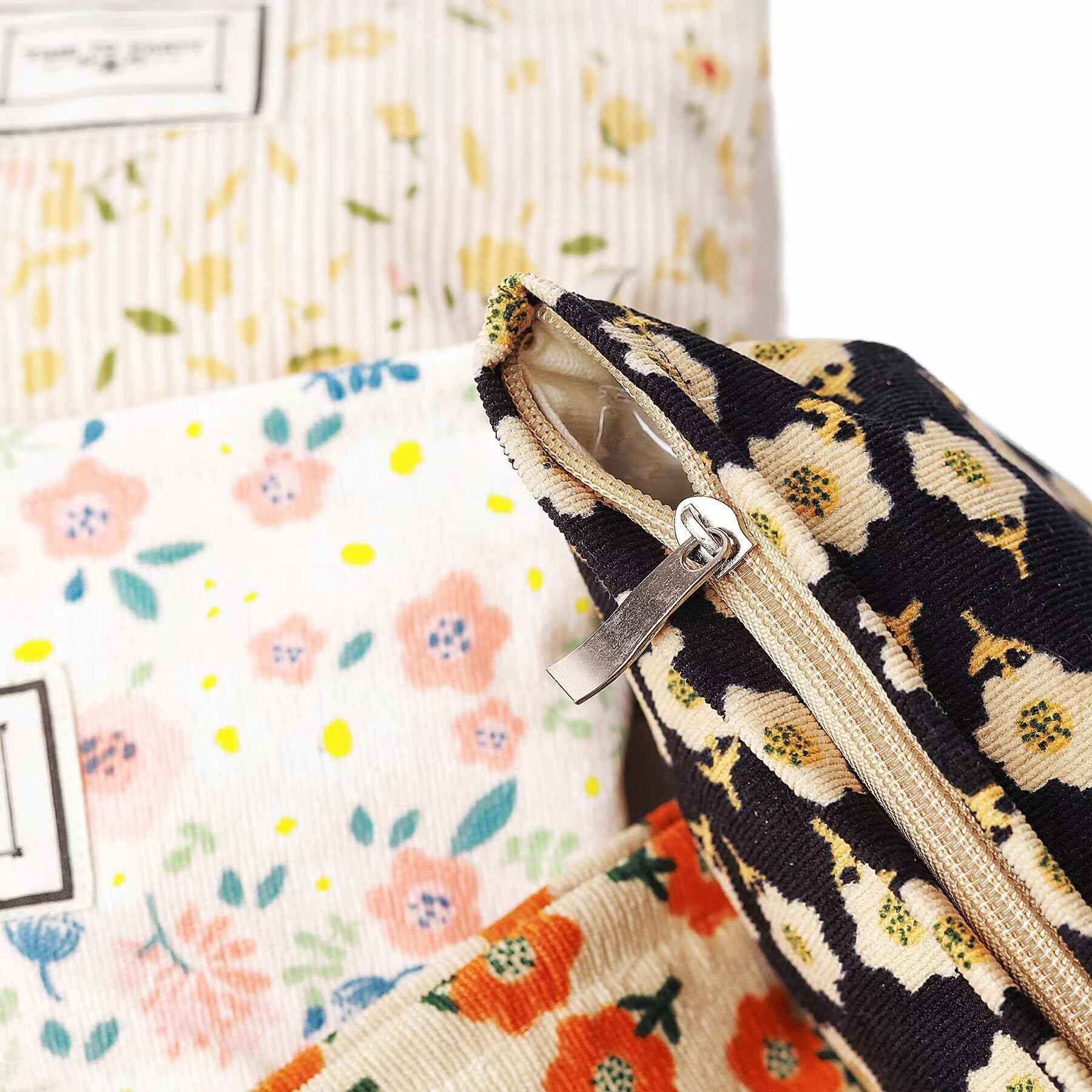 Nearawing 2 Pack Floral Canvas Makeup Bags - Zippered Organizers for Inner Bag, Cosmetics, Purses, Travel, and More (pink+yellw)