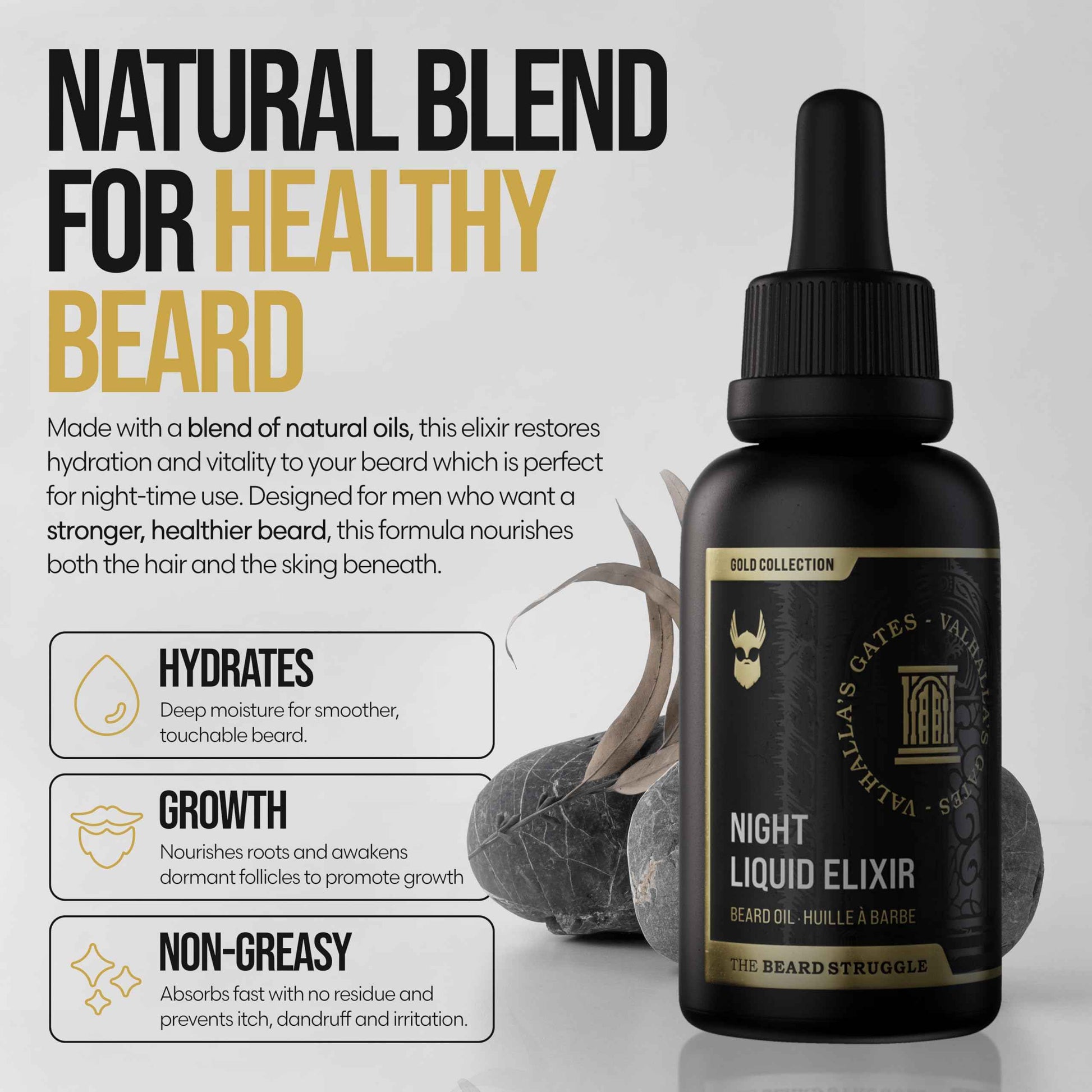 The Beard Struggle - Beard Growth Oil - Valhalla's Gates, Gold Collection (1 Fl oz) - Night Liquid Elixir - Beard Oil for Men - Softens, Moisturizing, & Healthier Beard Growth